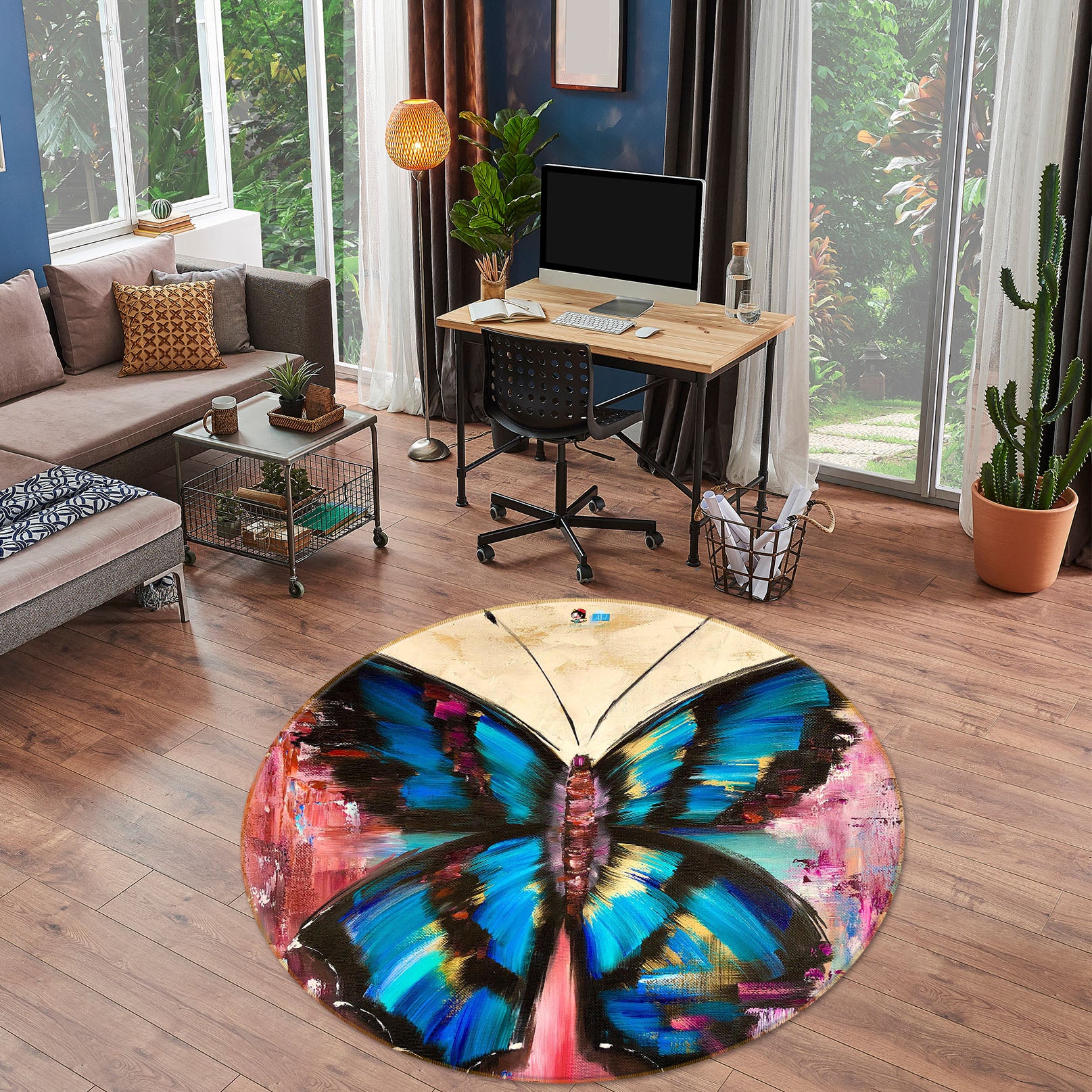 3D Blue Butterfly 915 Skromova Marina Rug Round Non Slip Rug Mat