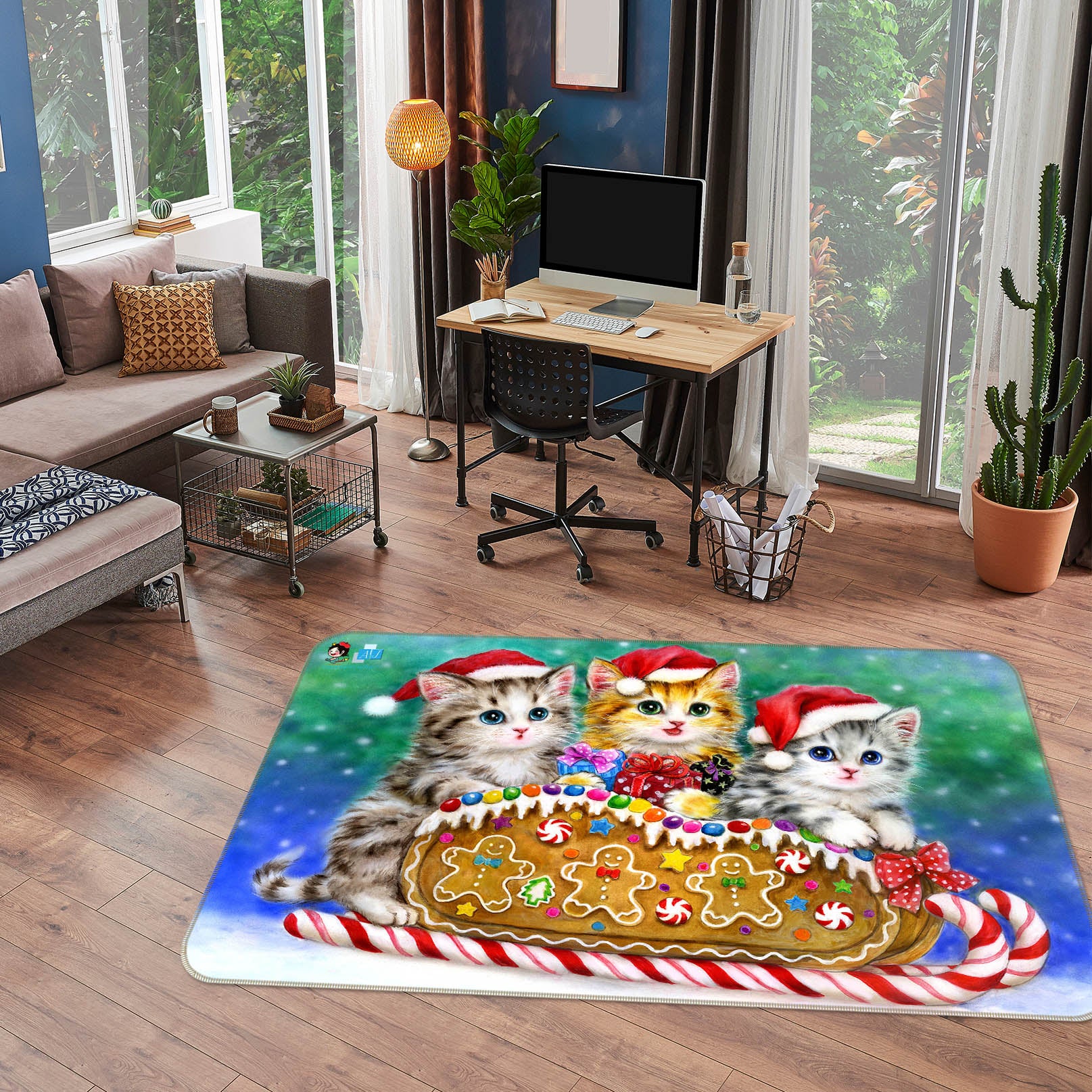 3D Christmas Hat Cat 5617 Kayomi Harai Rug Non Slip Rug Mat