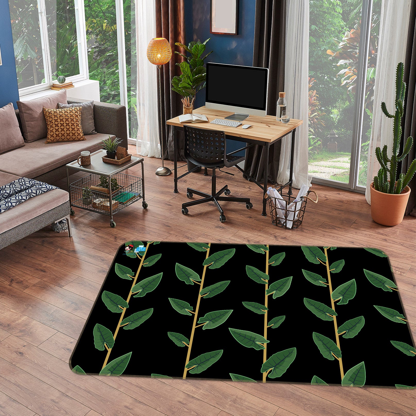 3D Green Leaves Rattan 10791 Kashmira Jayaprakash Rug Non Slip Rug Mat