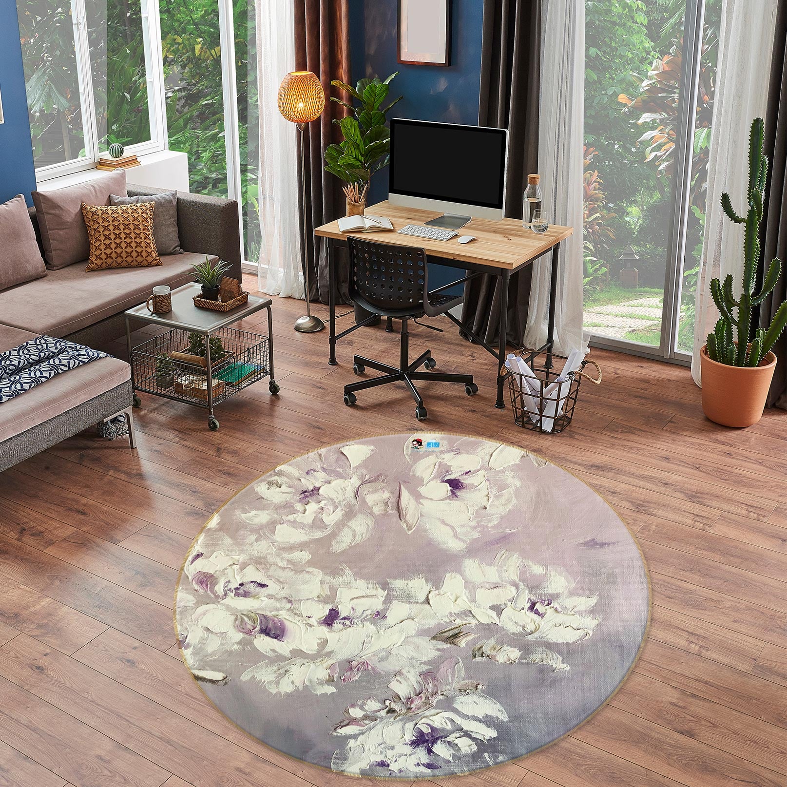 3D White Flower 814 Skromova Marina Rug Round Non Slip Rug Mat