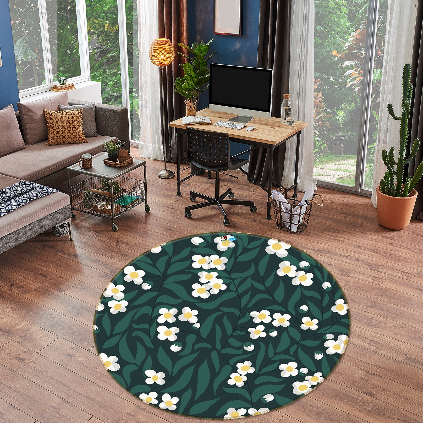 3D White Flower Leaves 10553 Kashmira Jayaprakash Rug Round Non Slip Rug Mat