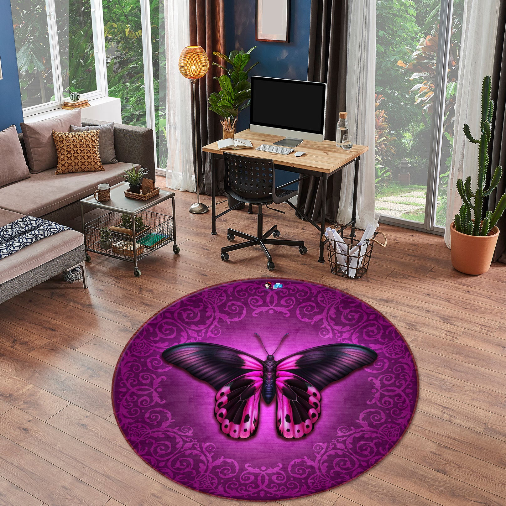 3D Pink Butterfly 8883 Brigid Ashwood Rug Round Non Slip Rug Mat