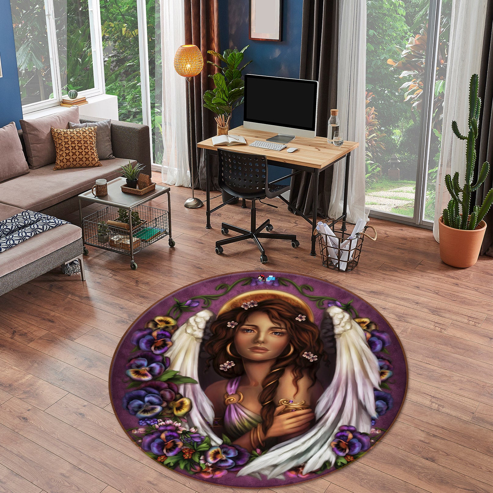 3D Purple Flower Angel 8906 Brigid Ashwood Rug Round Non Slip Rug Mat