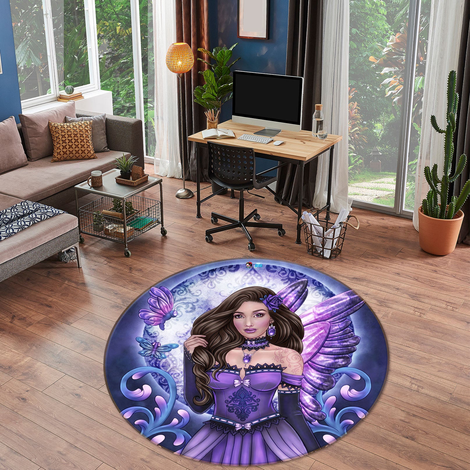 3D Purple Butterfly Woman 8899 Brigid Ashwood Rug Round Non Slip Rug Mat