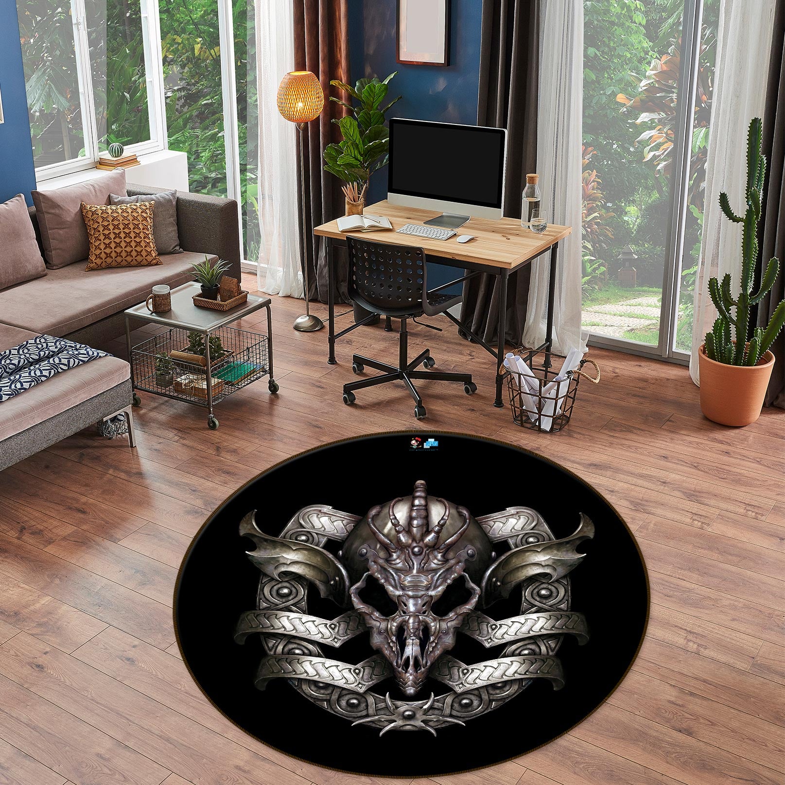 3D Metal Skull Pattern 6100 Ciruelo Rug Round Non Slip Rug Mat