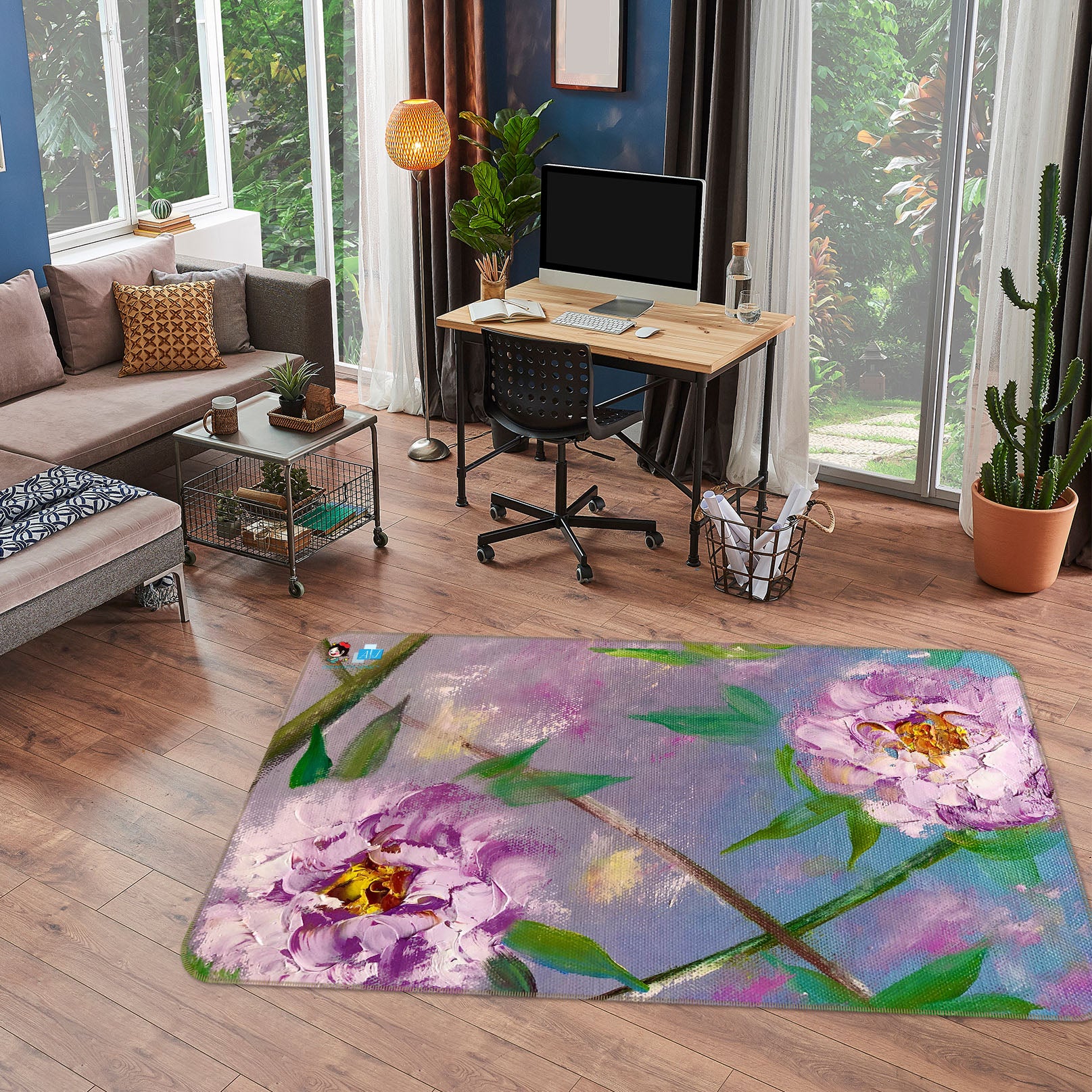 3D Purple Flower Leaves 1215 Skromova Marina Rug Non Slip Rug Mat