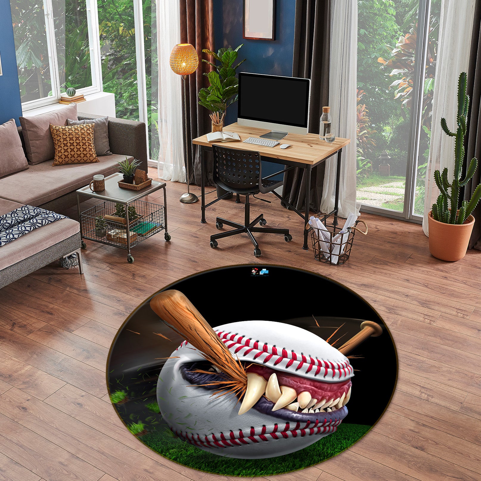 3D Crown Teeth Baseball 4153 Tom Wood Rug Round Non Slip Rug Mat