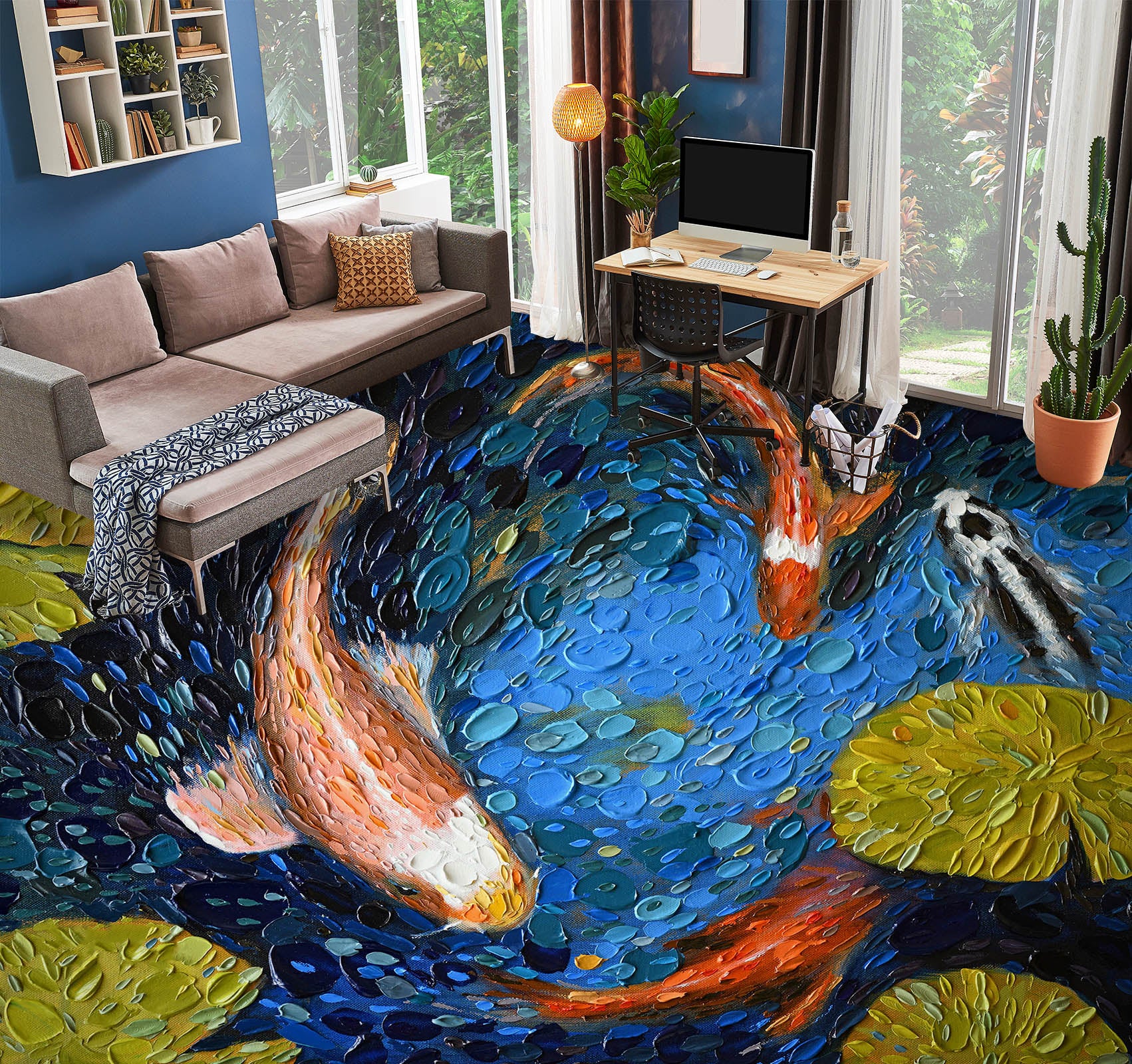 3D Goldfish Leaves 102155 Dena Tollefson Floor Mural  Wallpaper Murals Self-Adhesive Removable Print Epoxy