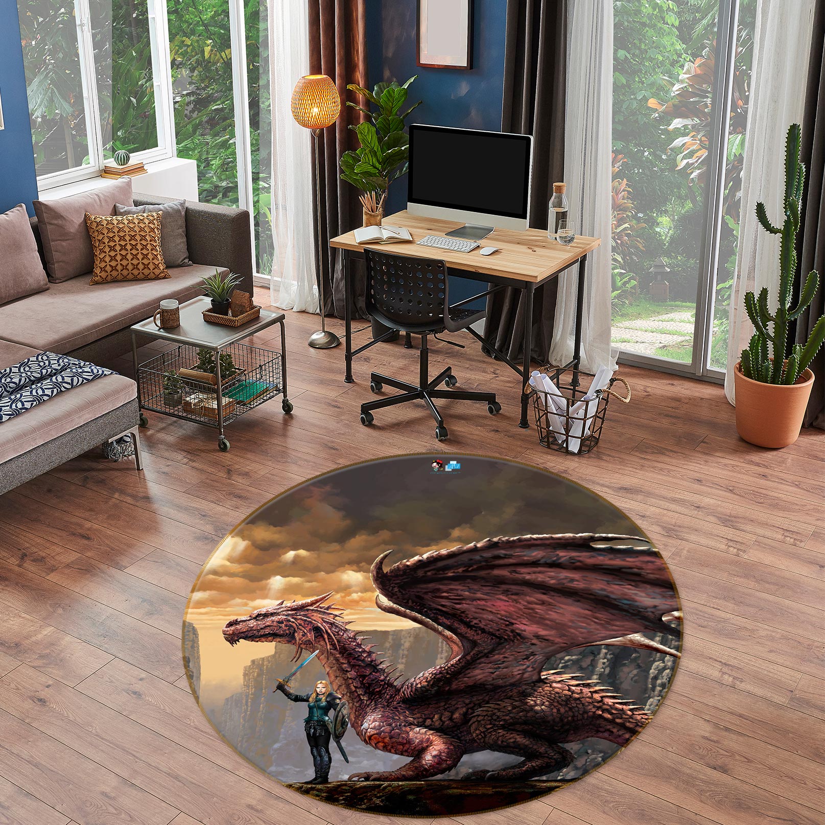 3D Dragon Shield Soldier 6098 Ciruelo Rug Round Non Slip Rug Mat