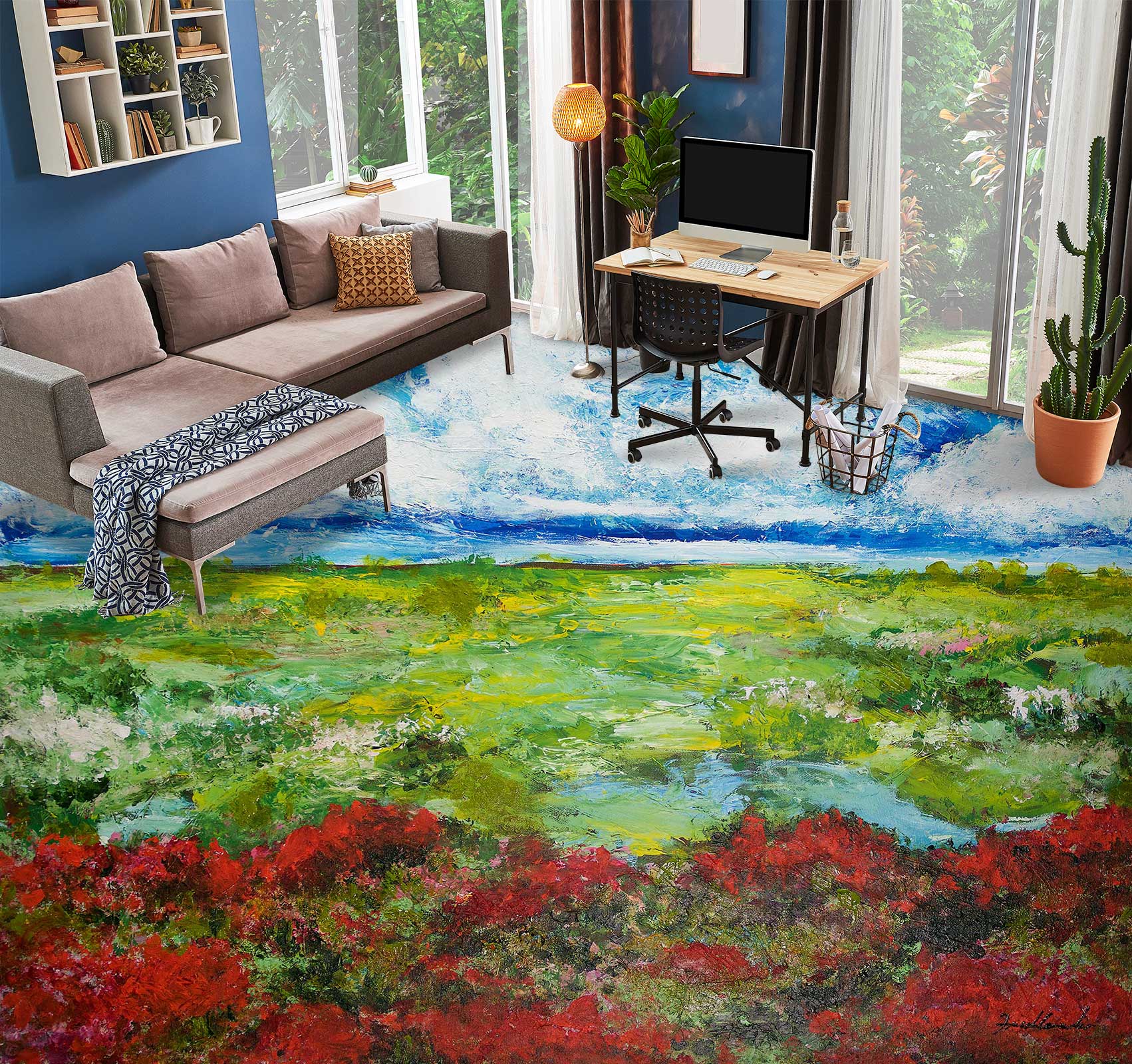 3D Red Flowers Green Grass 9666 Allan P. Friedlander Floor Mural  Wallpaper Murals Self-Adhesive Removable Print Epoxy