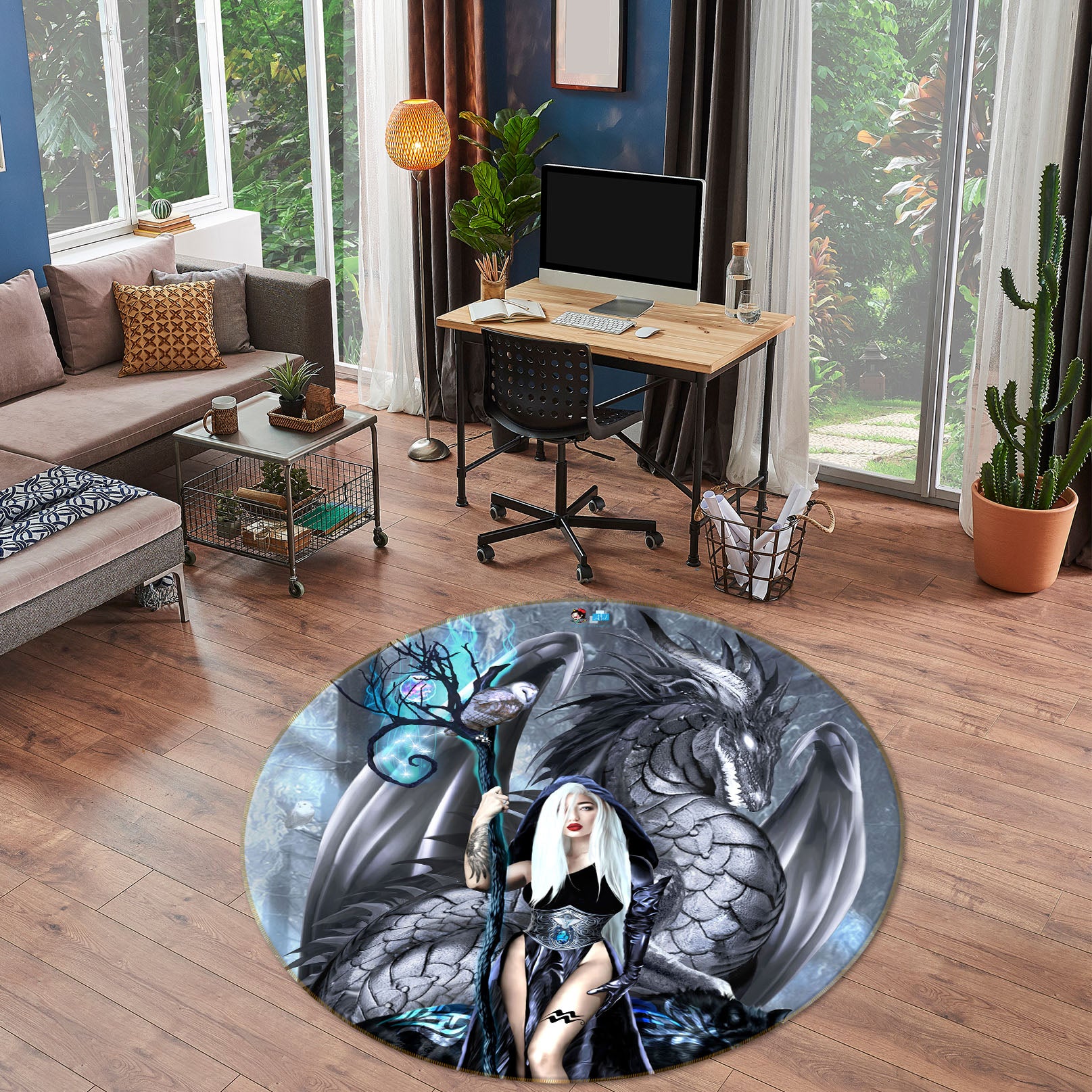 3D Dragon Girl 8351 Ruth Thompson Rug Round Non Slip Rug Mat