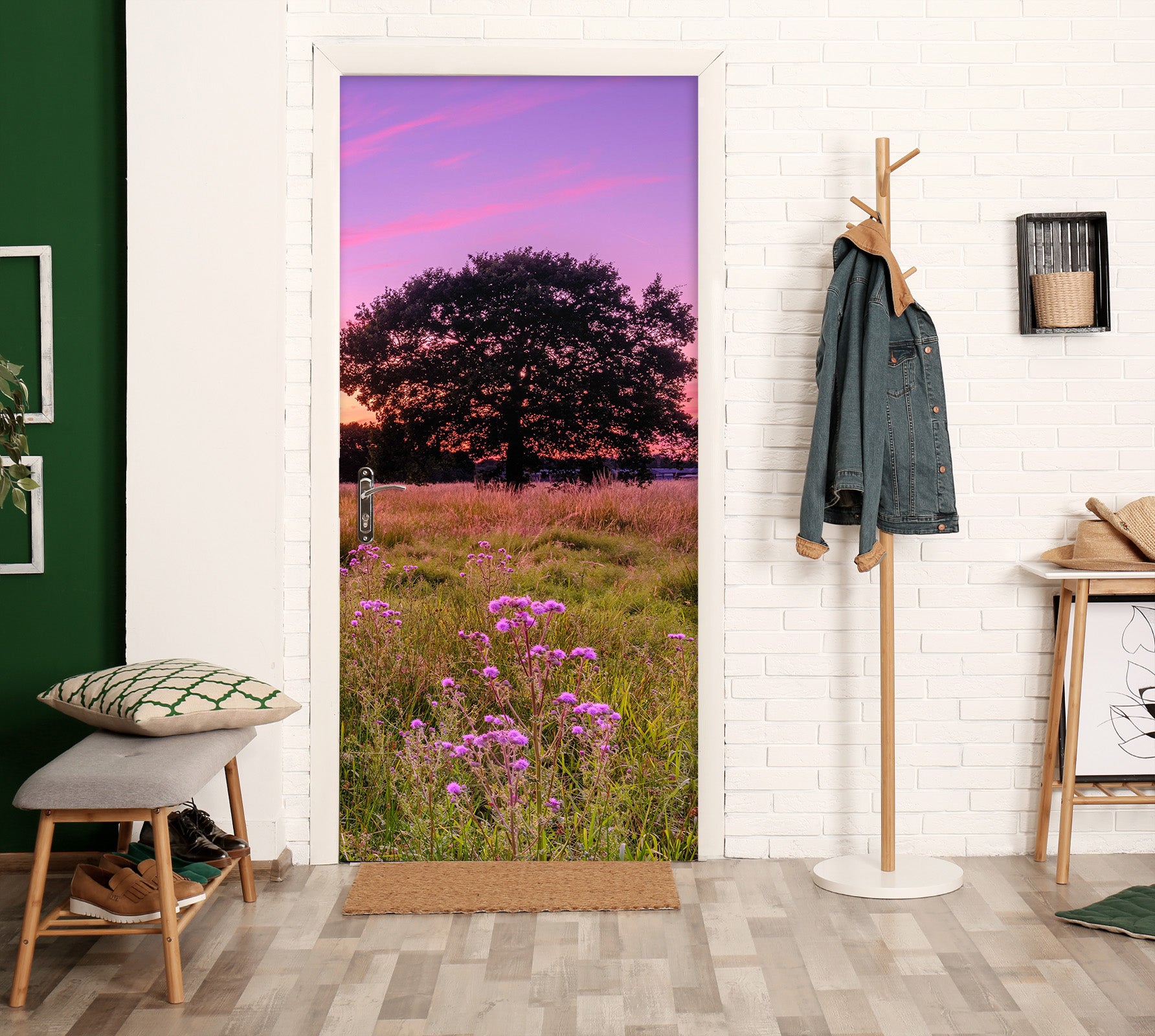 3D Purple Sky Tree Grass Flowers 101223 Assaf Frank Door Mural