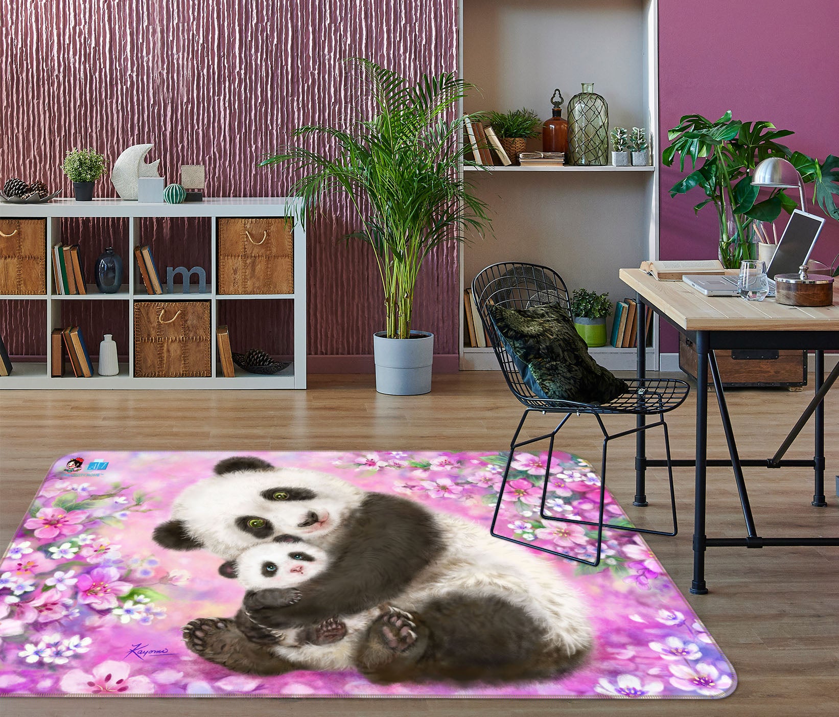 3D Pink Flower Panda 5624 Kayomi Harai Rug Non Slip Rug Mat