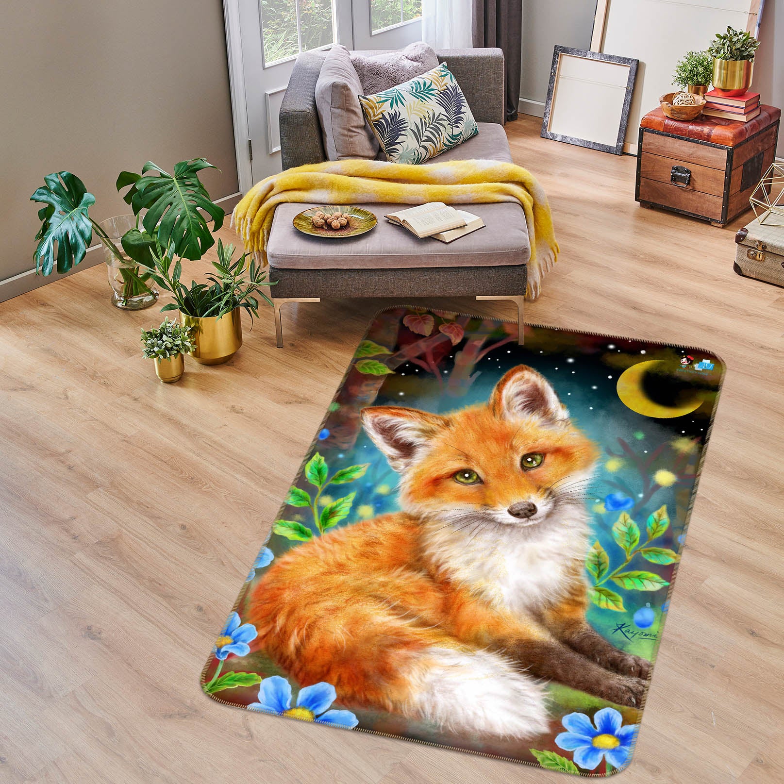 3D Orange Fox Moon 5758 Kayomi Harai Rug Non Slip Rug Mat