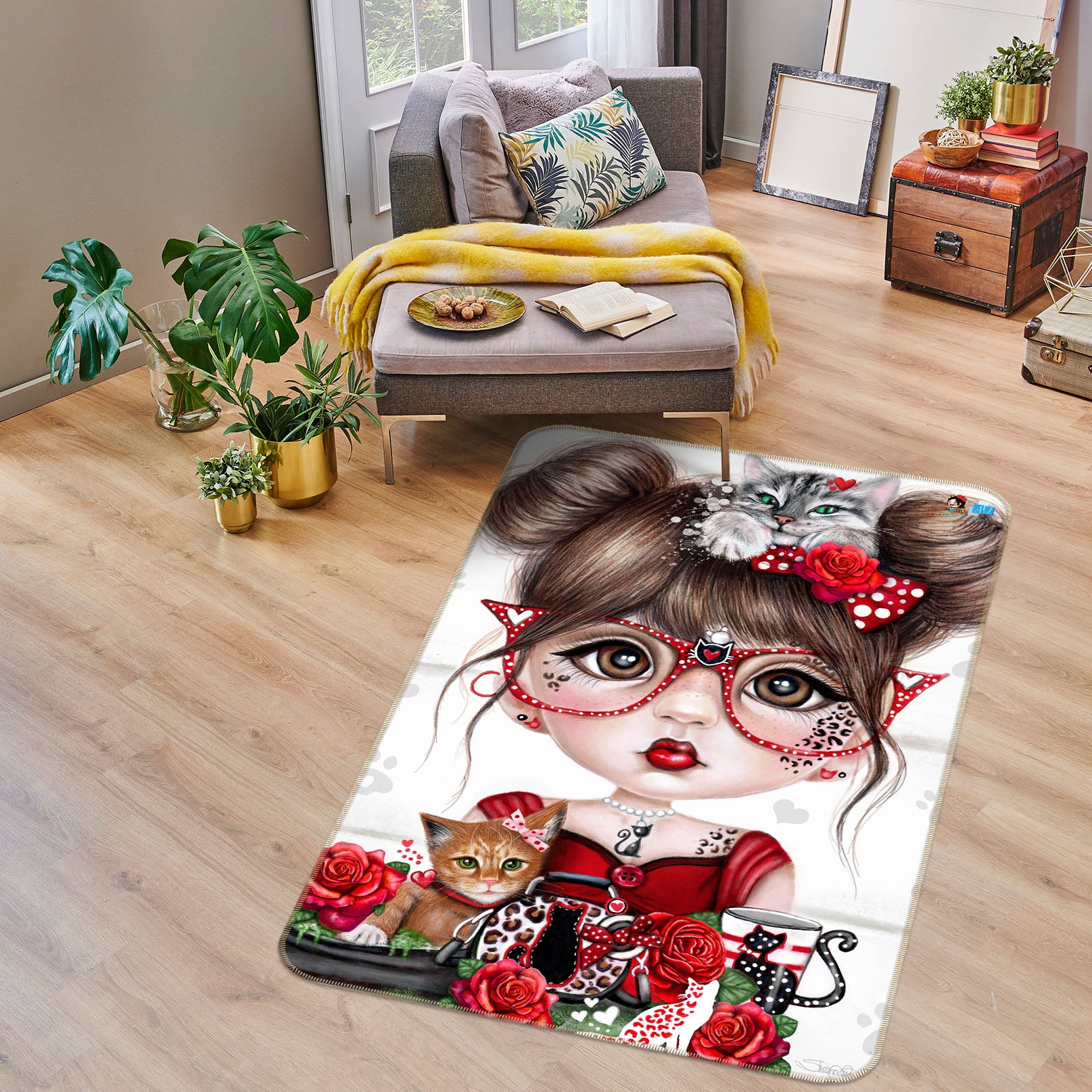 3D Red Rose Girl 8531 Sheena Pike Rug Non Slip Rug Mat