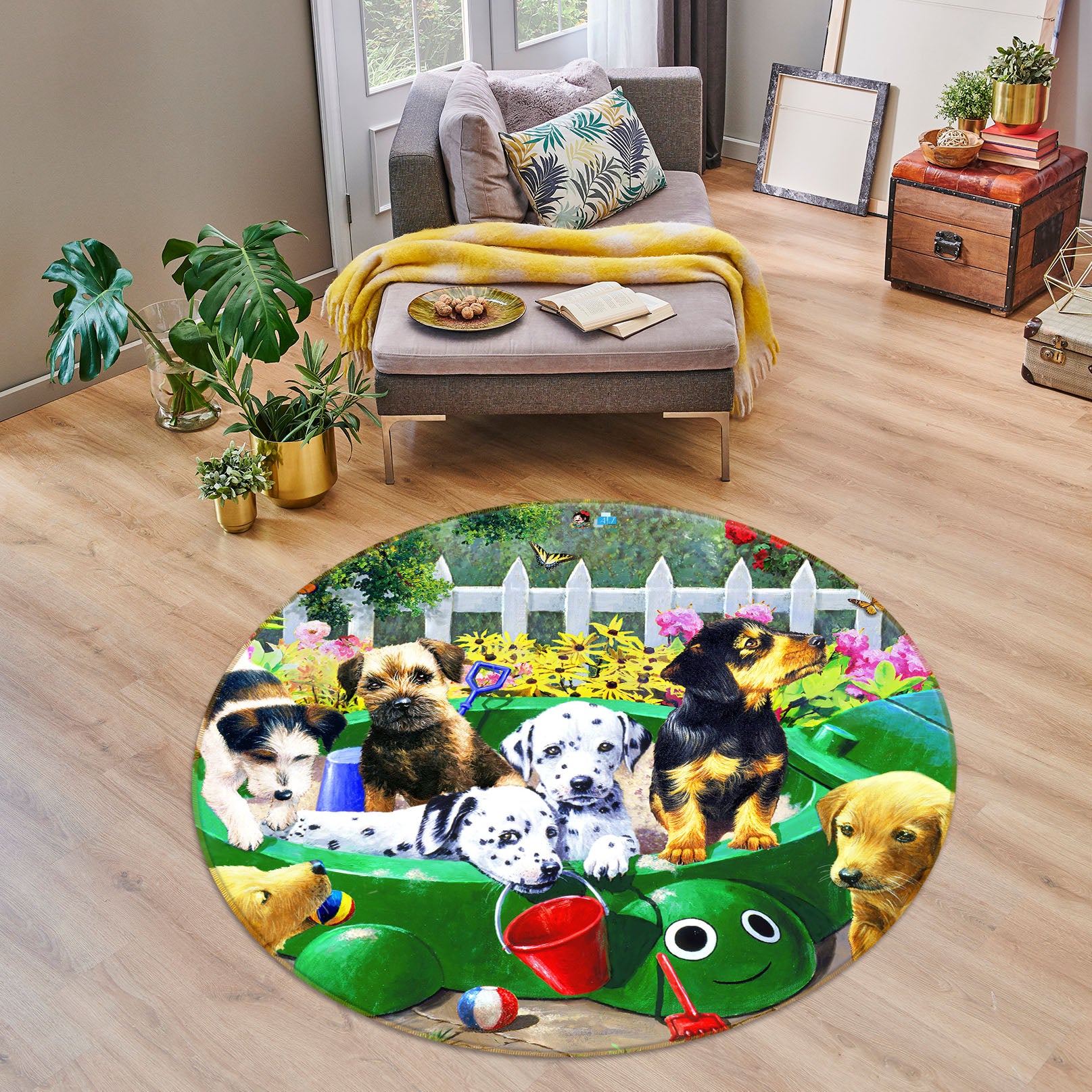 3D Dog Playing 039 Kevin Walsh Rug Round Non Slip Rug Mat