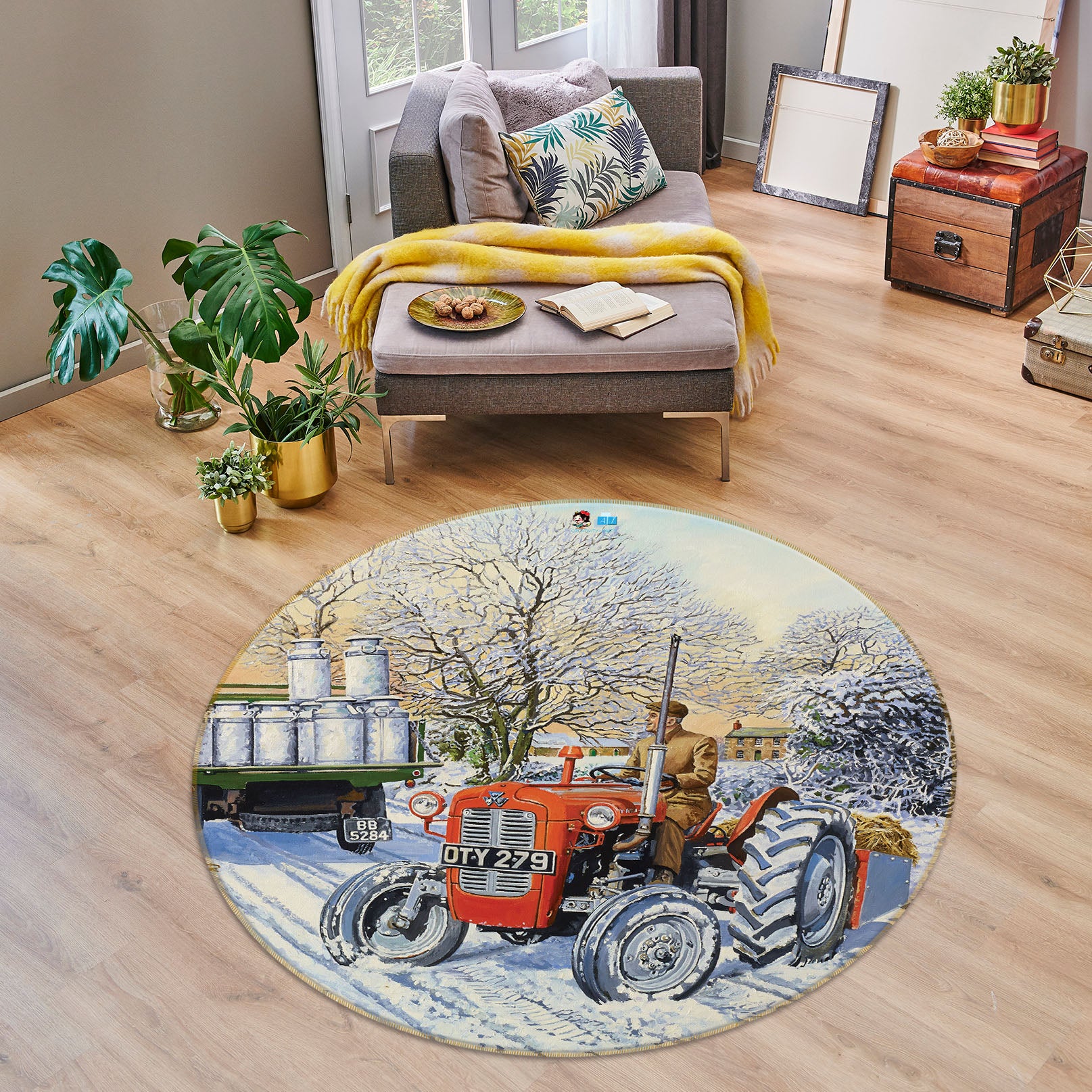 3D Snowfield Tractor 8909 Trevor Mitchell Rug Round Non Slip Rug Mat