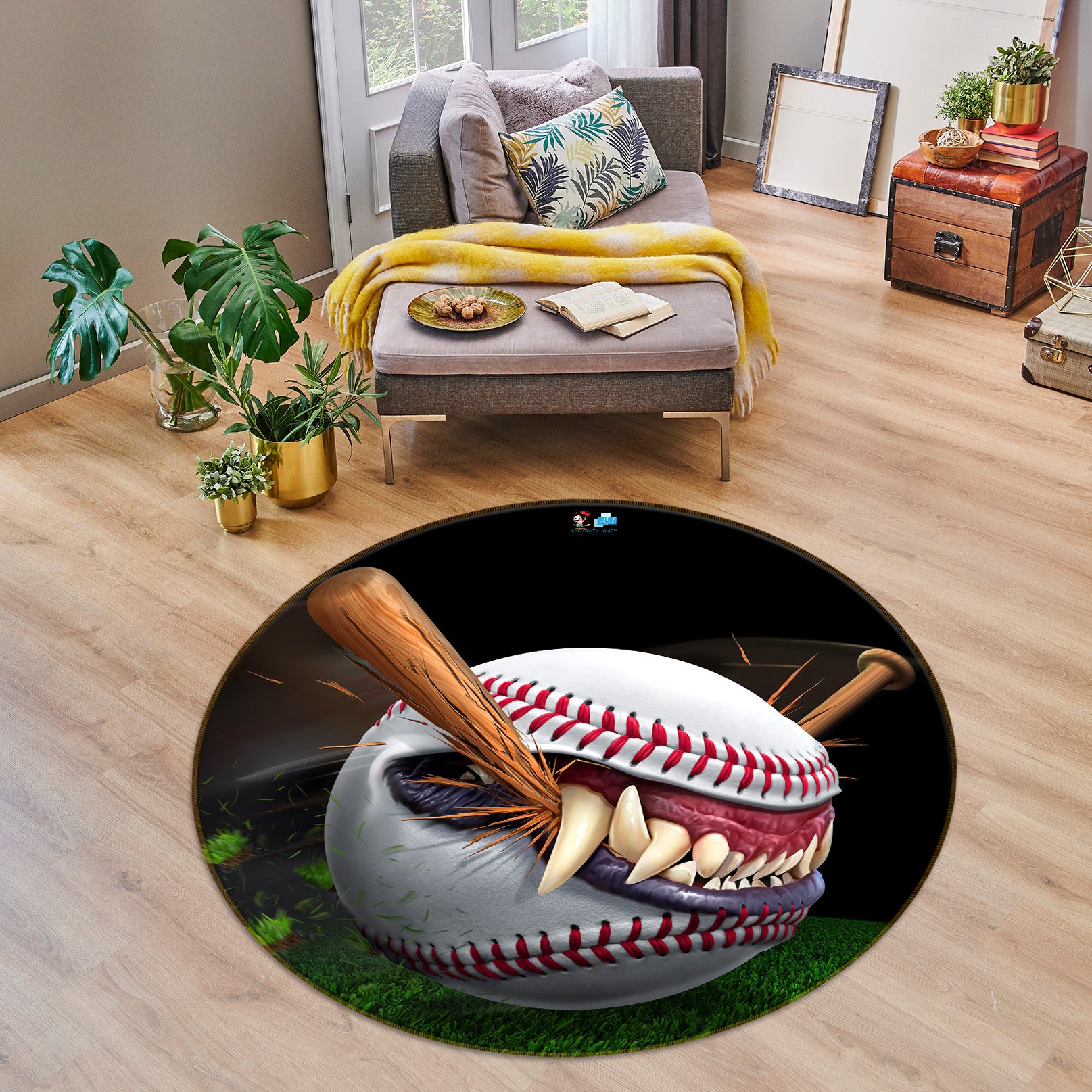 3D Crown Teeth Baseball 4153 Tom Wood Rug Round Non Slip Rug Mat