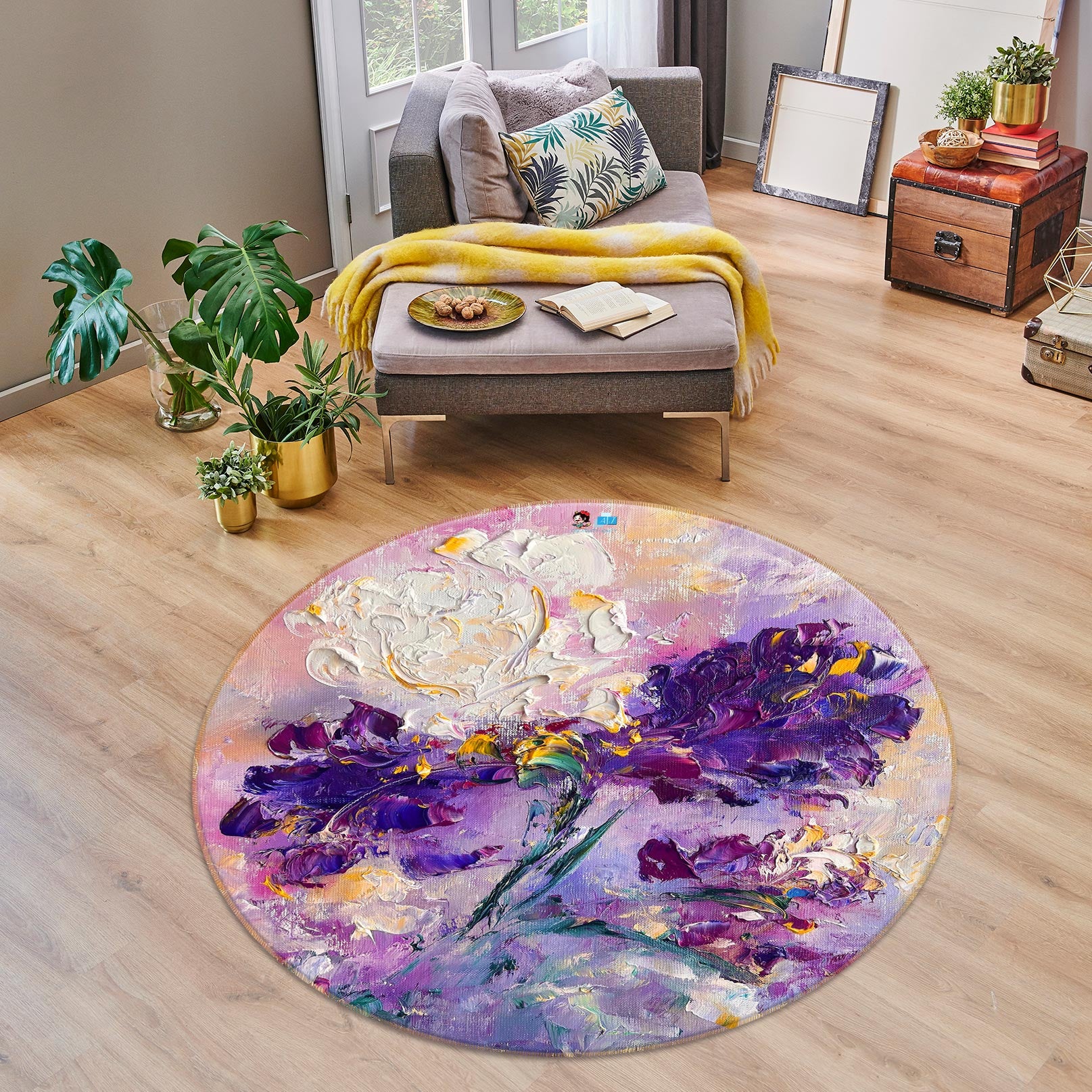 3D Purple Flower 806 Skromova Marina Rug Round Non Slip Rug Mat