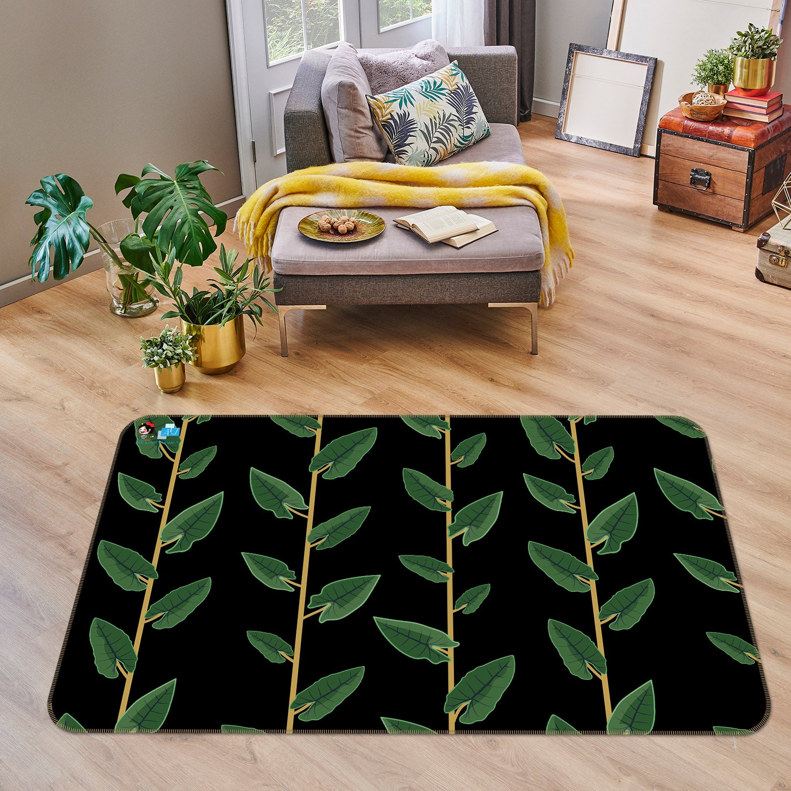 3D Green Leaves Rattan 10791 Kashmira Jayaprakash Rug Non Slip Rug Mat