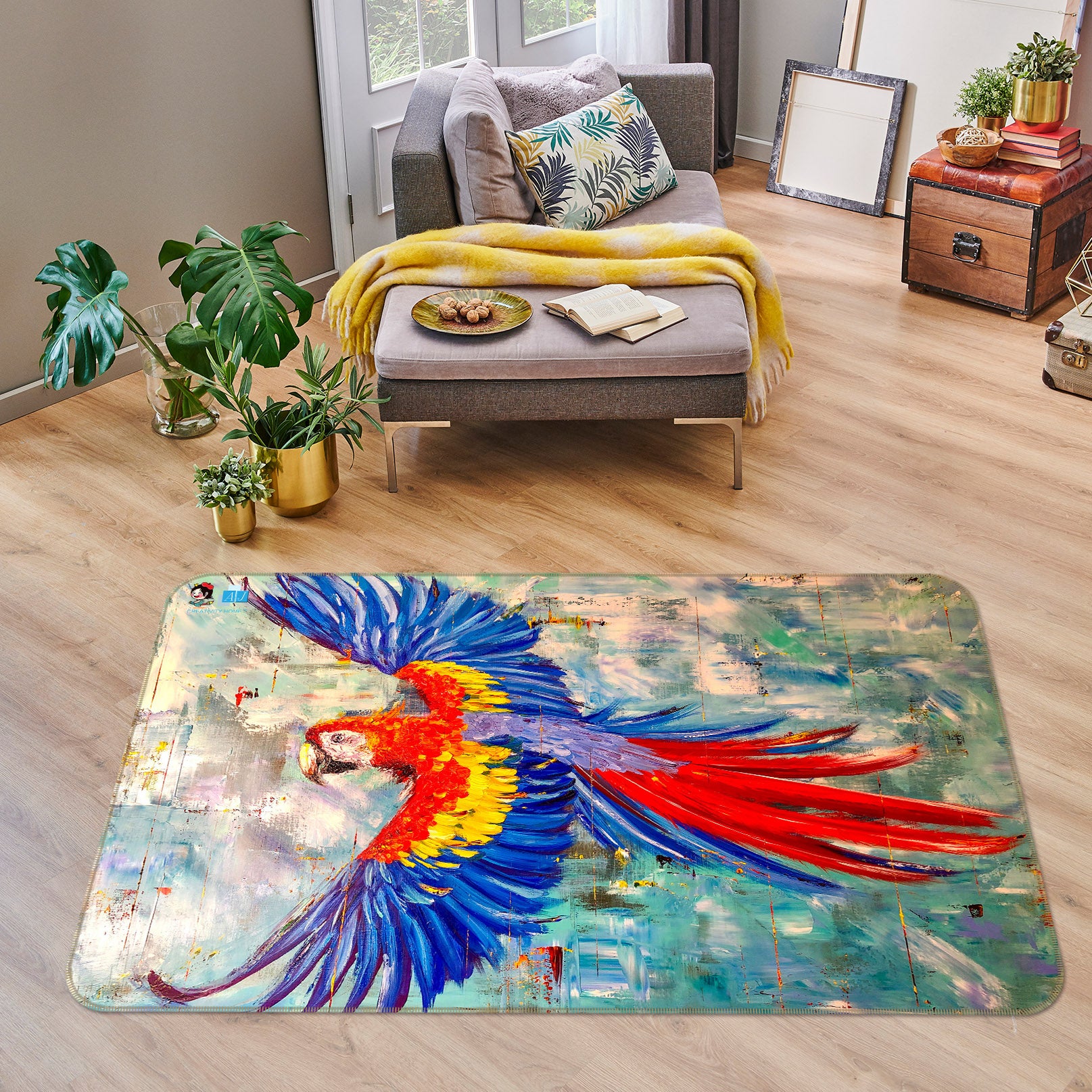 3D Watercolor Parrot 1206 Skromova Marina Rug Non Slip Rug Mat