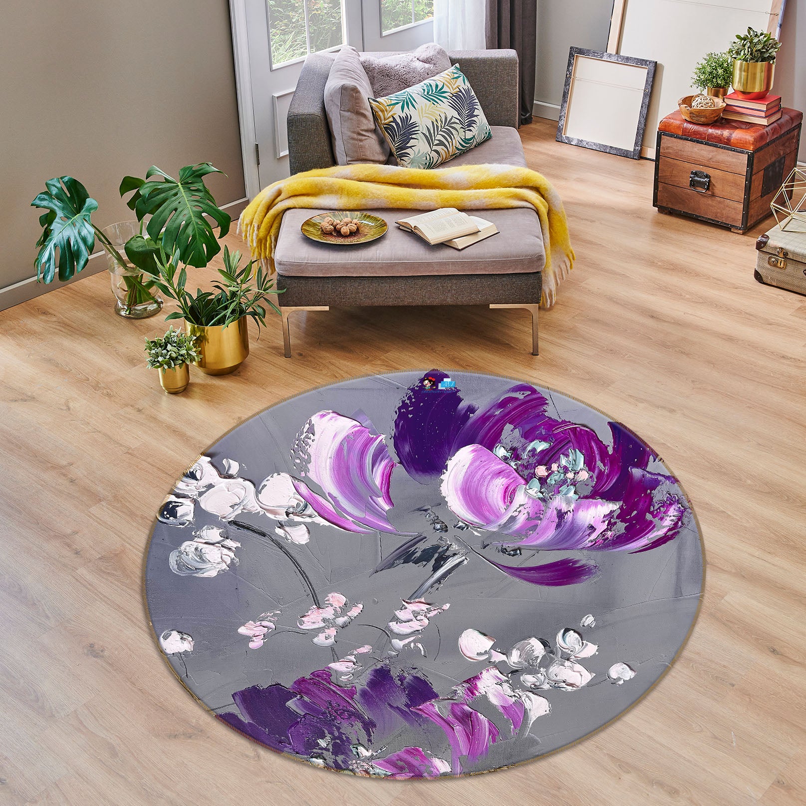 3D Purple Flowers 3877 Skromova Marina Rug Round Non Slip Rug Mat