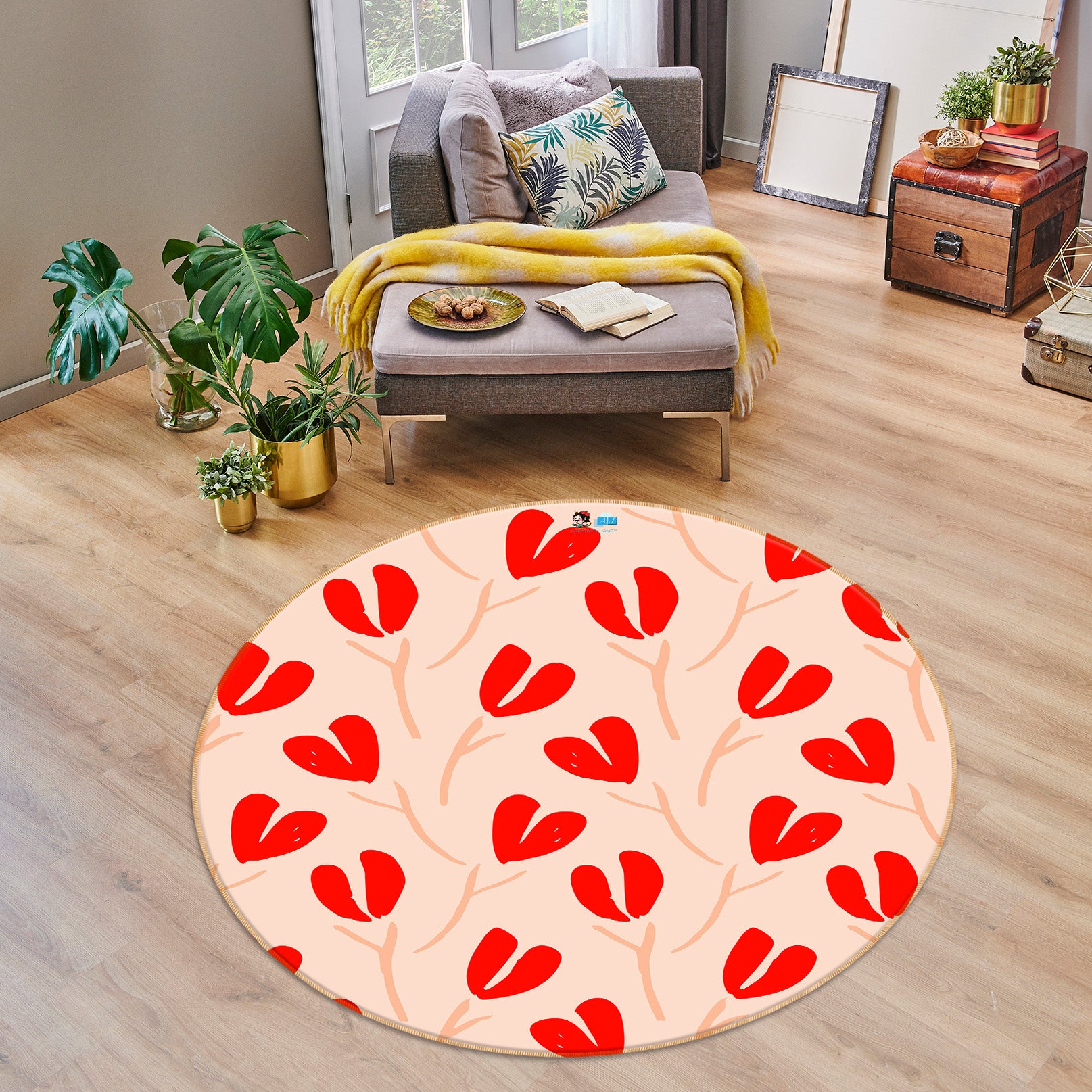 3D Red Heart Flower Pattern 10511 Kashmira Jayaprakash Rug Round Non Slip Rug Mat