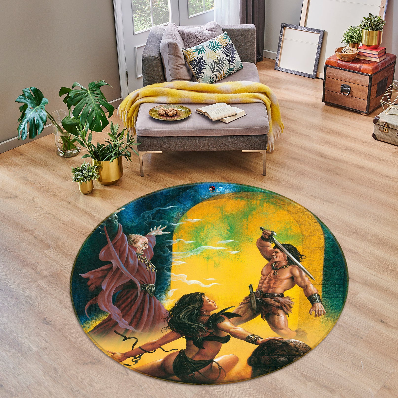 3D Arch Fighting People 6078 Ciruelo Rug Round Non Slip Rug Mat