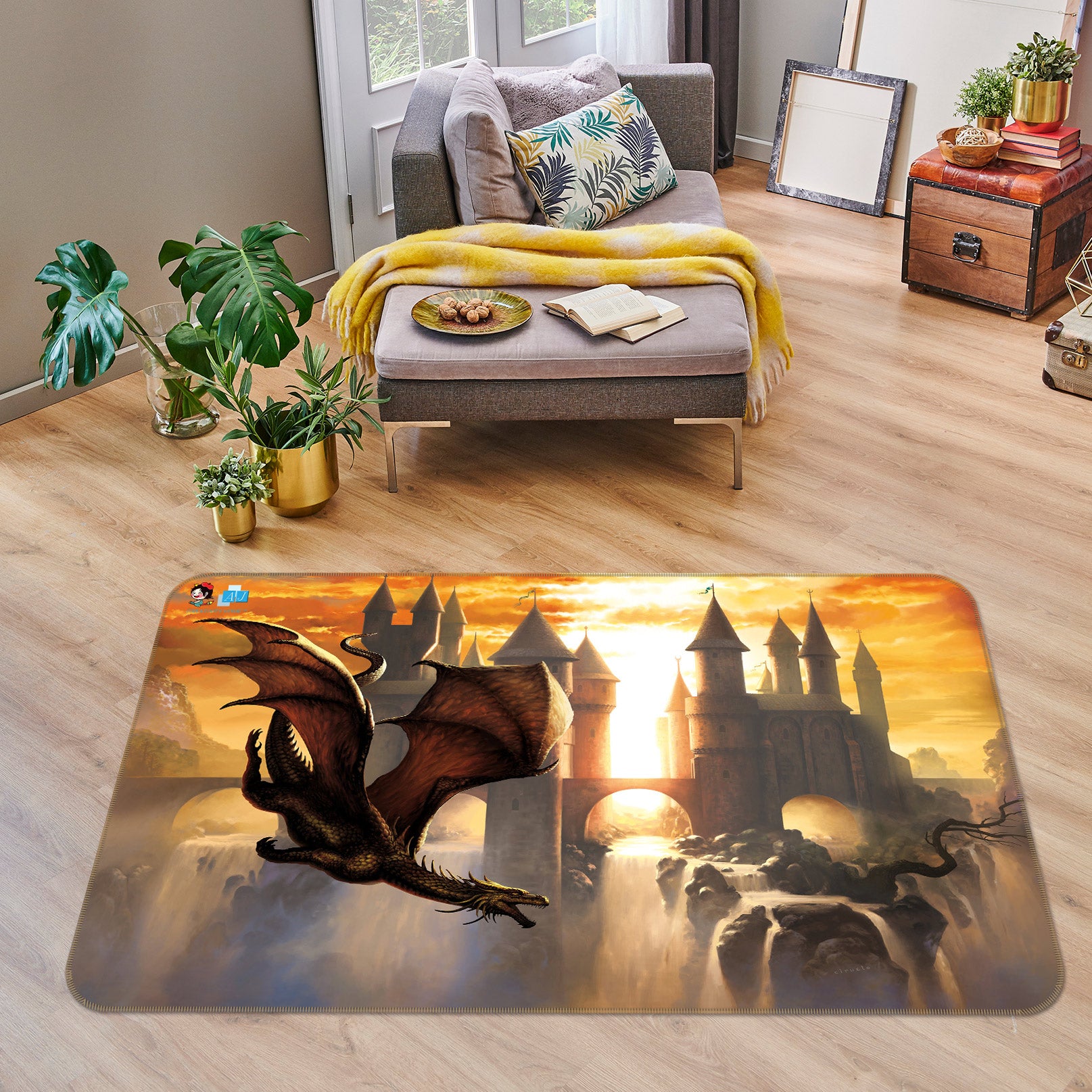 3D Sunset Castle Dragon 5152 Ciruelo Rug Non Slip Rug Mat