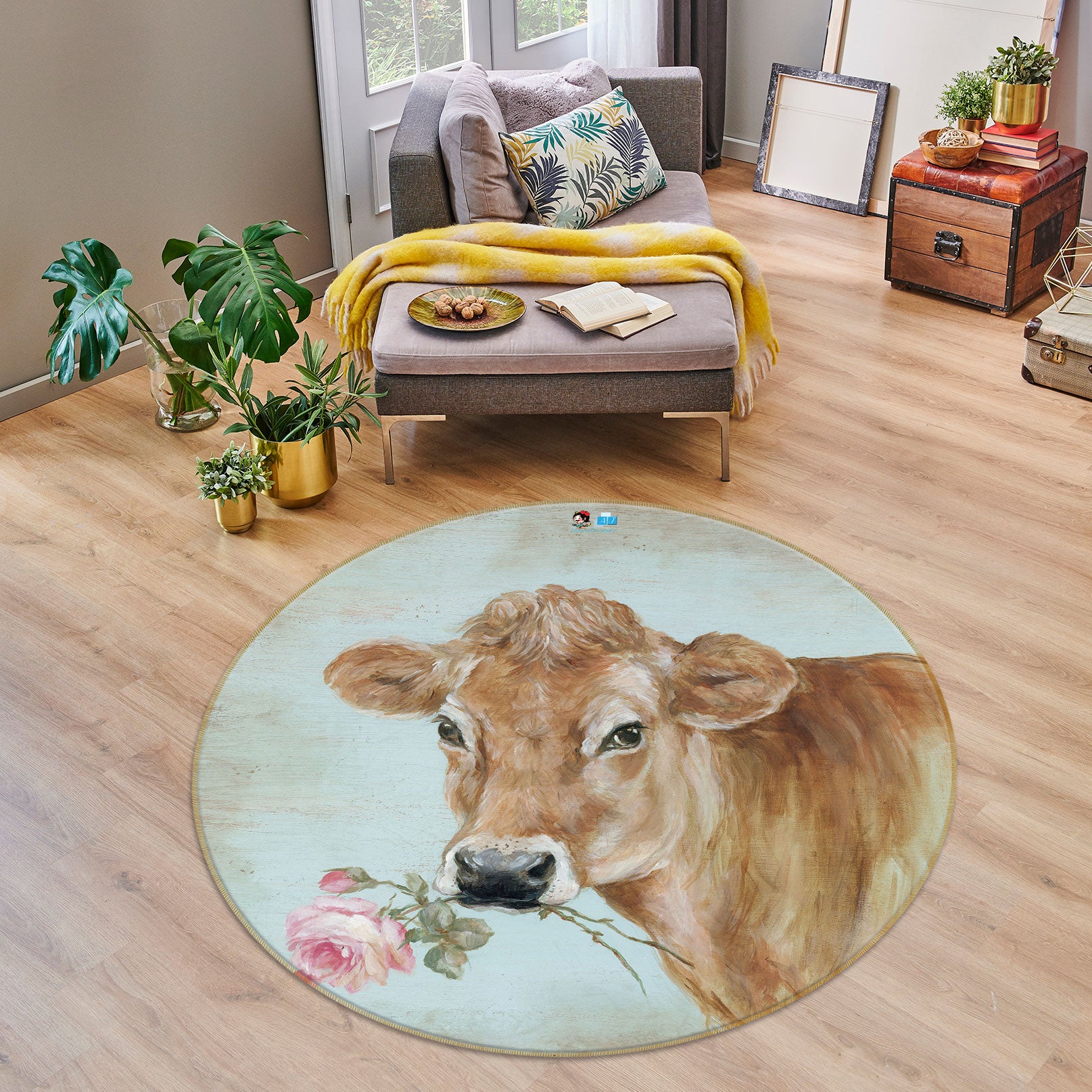 3D Flower Cattle 1181 Debi Coules Rug Round Non Slip Rug Mat