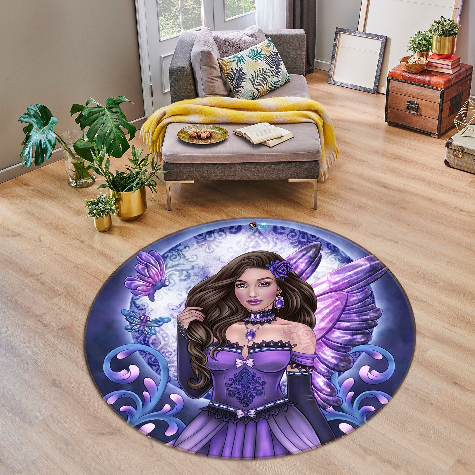 3D Purple Butterfly Woman 8899 Brigid Ashwood Rug Round Non Slip Rug Mat