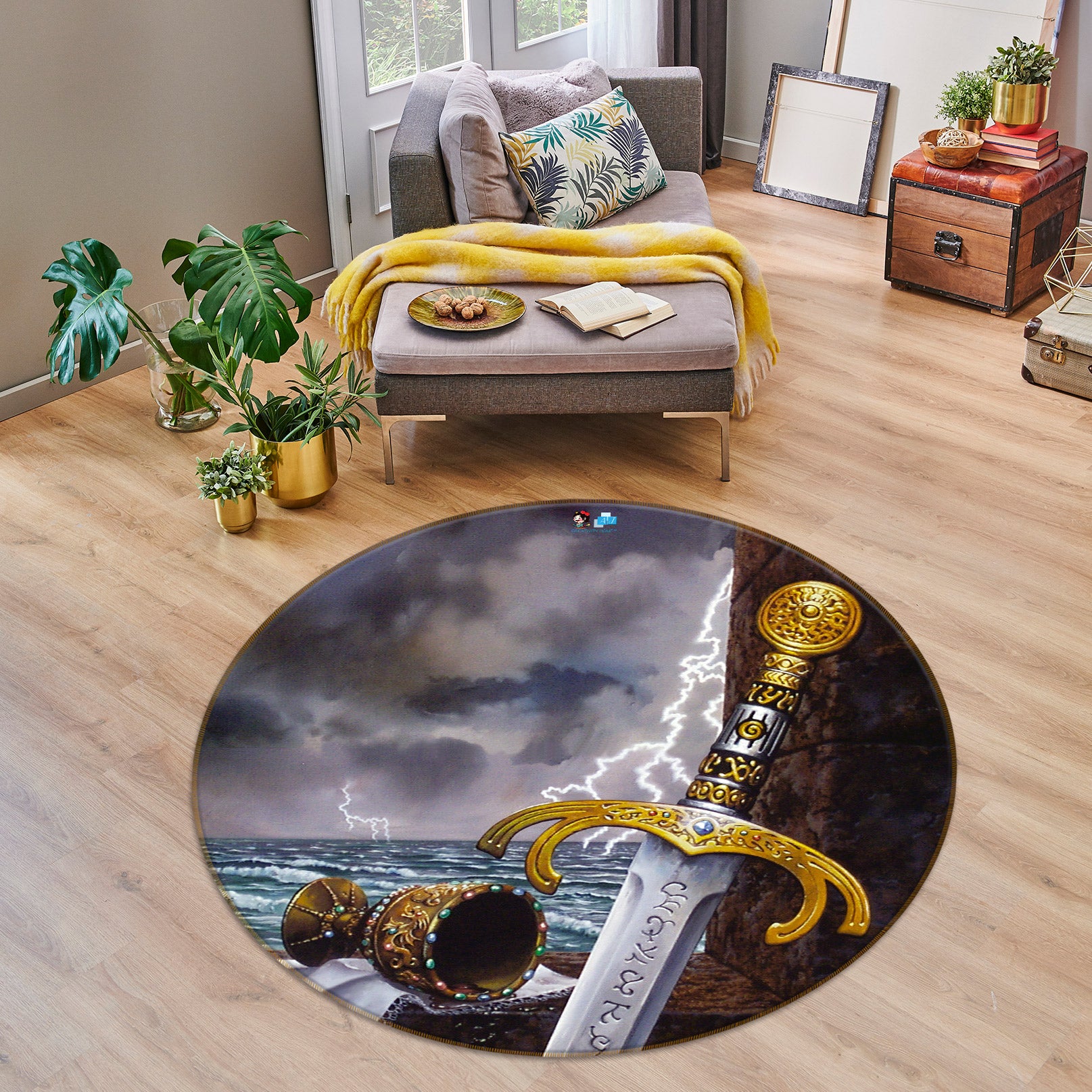 3D Ocean Cup Sword 6084 Ciruelo Rug Round Non Slip Rug Mat