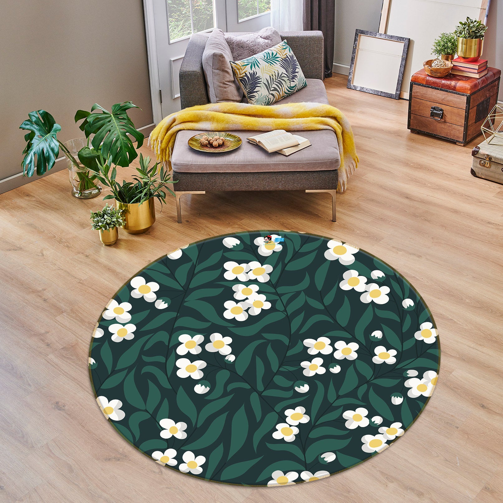 3D White Flower Leaves 10553 Kashmira Jayaprakash Rug Round Non Slip Rug Mat