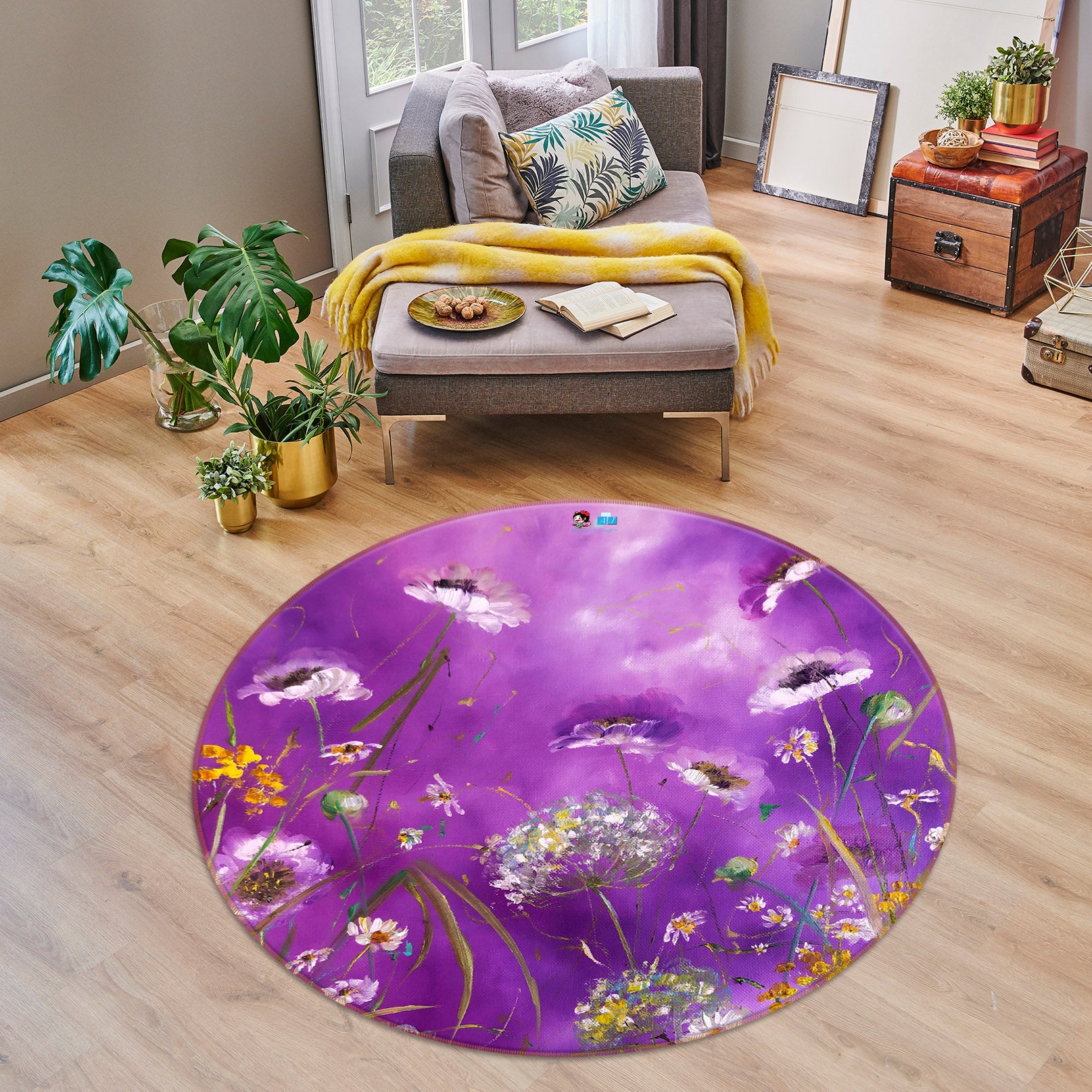 3D Purple Flower 836 Skromova Marina Rug Round Non Slip Rug Mat