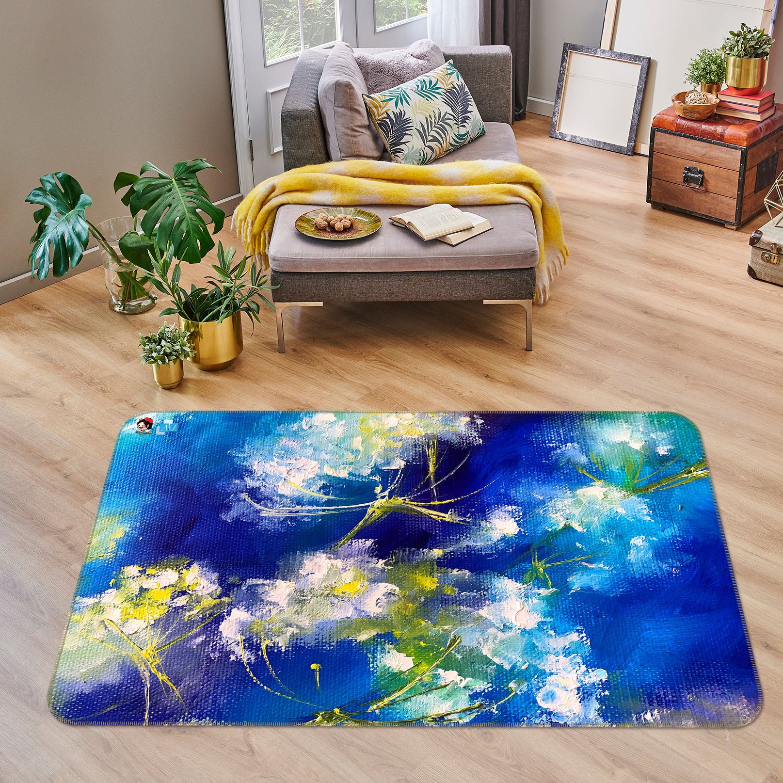 3D Blue Painted Flower 1252 Skromova Marina Rug Non Slip Rug Mat