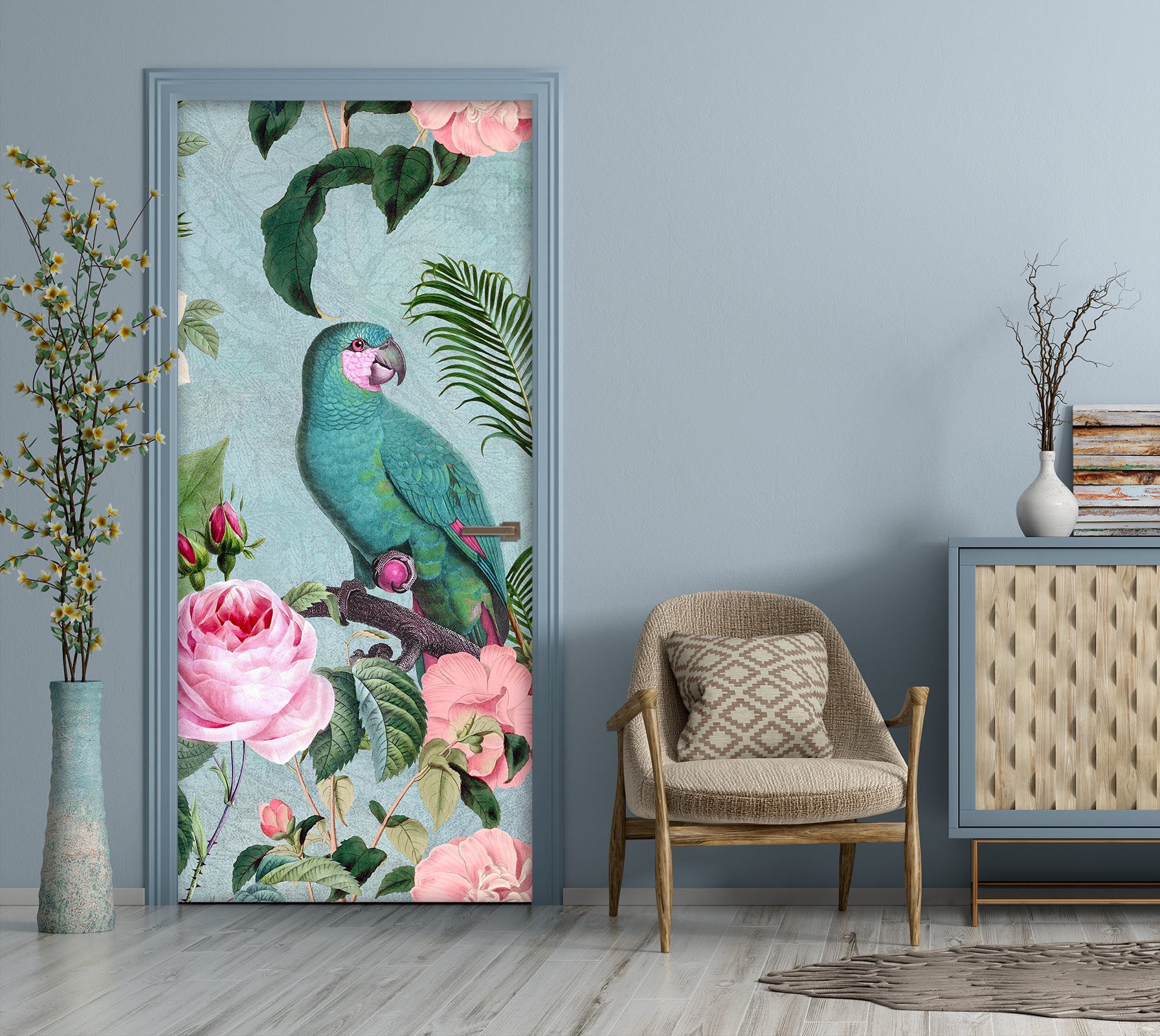 3D Green Parrot Rose 11912 Andrea Haase Door Mural