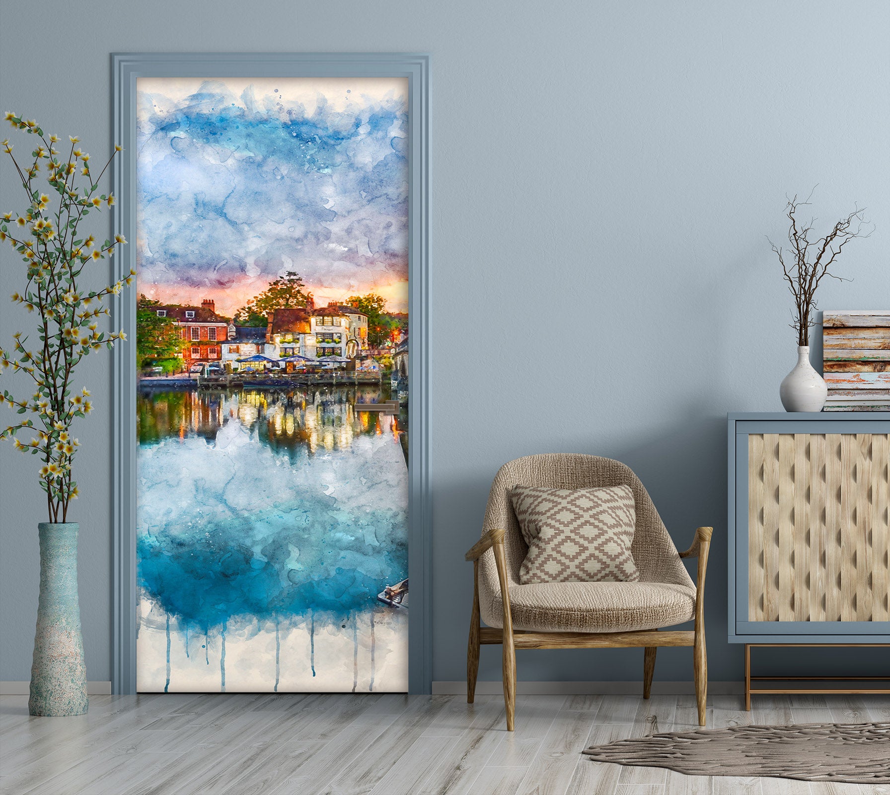 3D River House Blue Sky 101195 Assaf Frank Door Mural