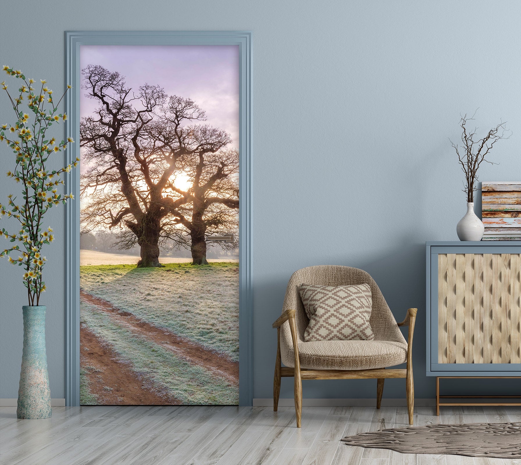 3D Meadow Deer Tree Sun 10251 Assaf Frank Door Mural