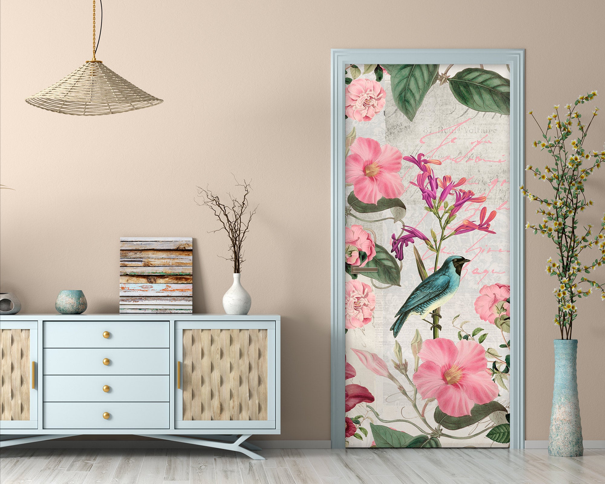 3D Pink Flower Bird 11882 Andrea Haase Door Mural