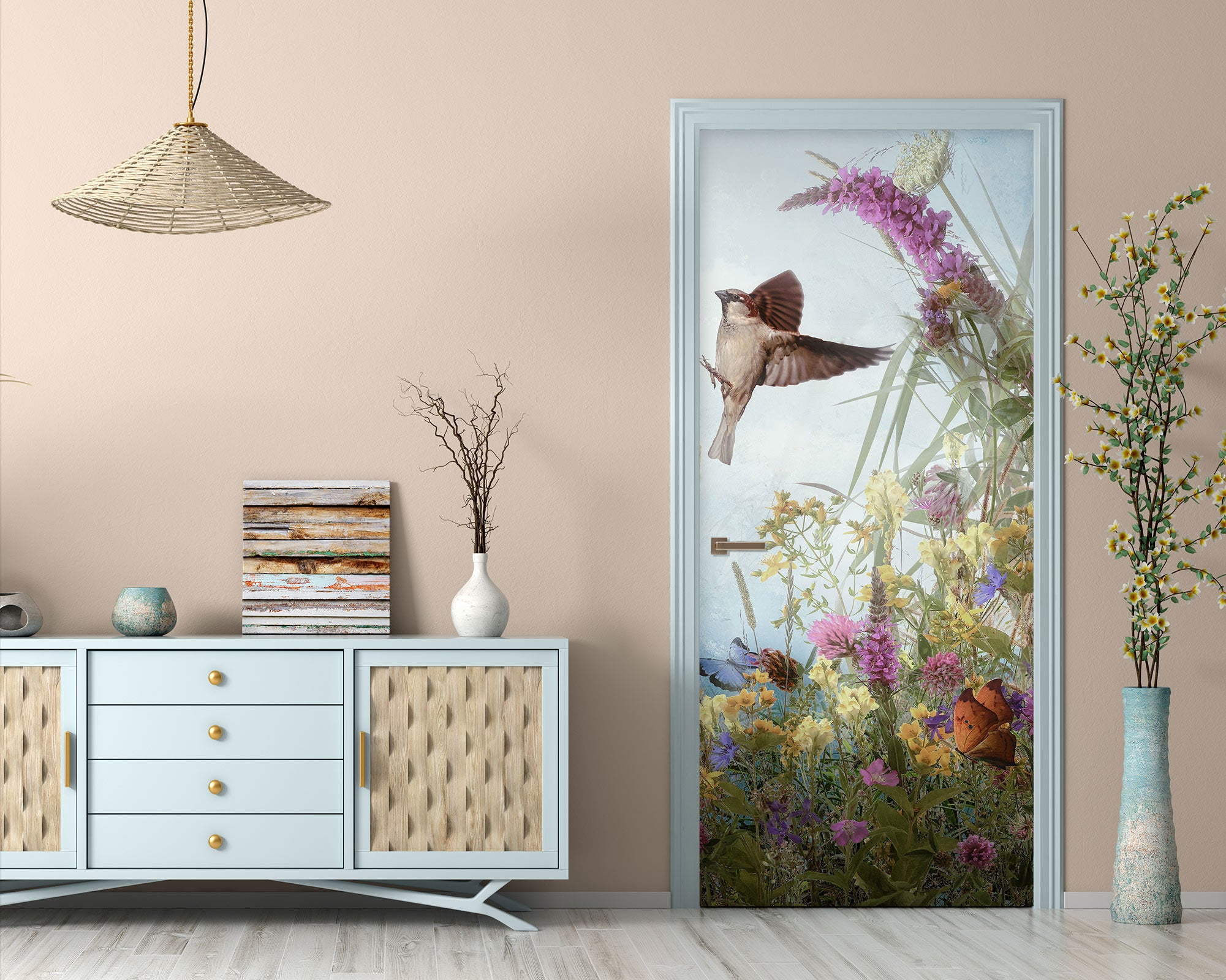 3D Bird Flowers Bush 107187 Beth Sheridan Door Mural