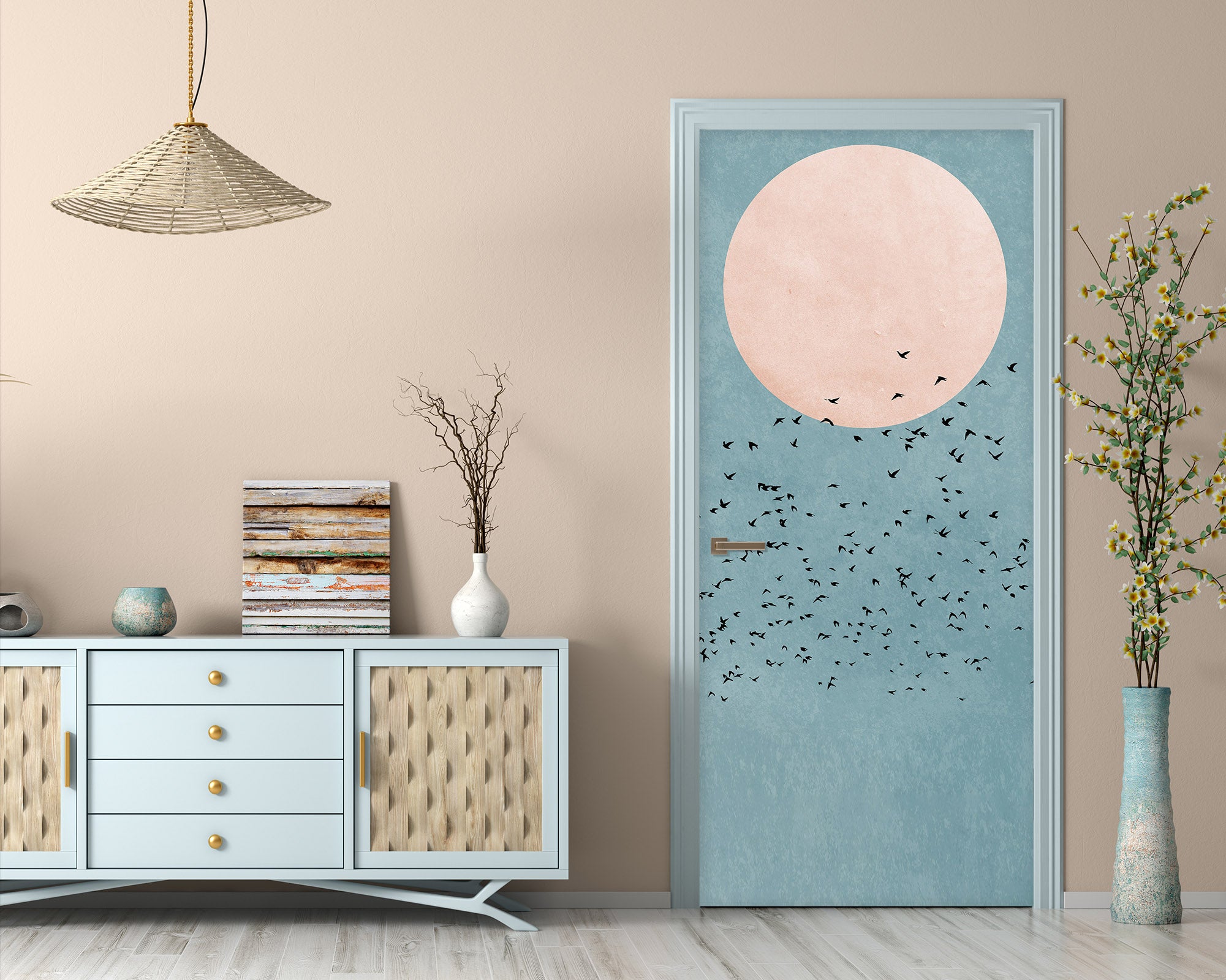 3D Moon Flock Of Birds 10134 Boris Draschoff Door Mural