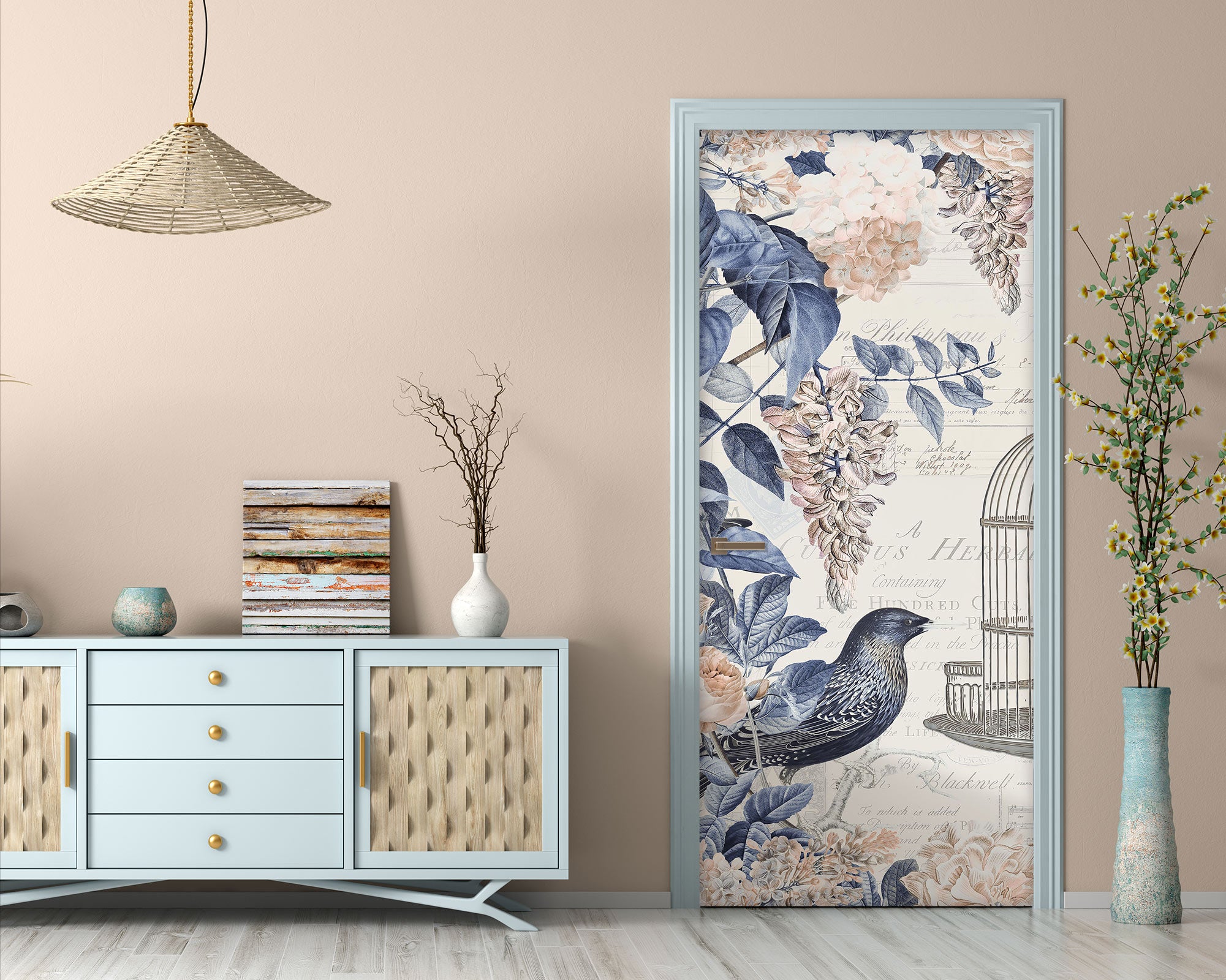 3D Blue Leaves Bird Flower 11890 Andrea Haase Door Mural