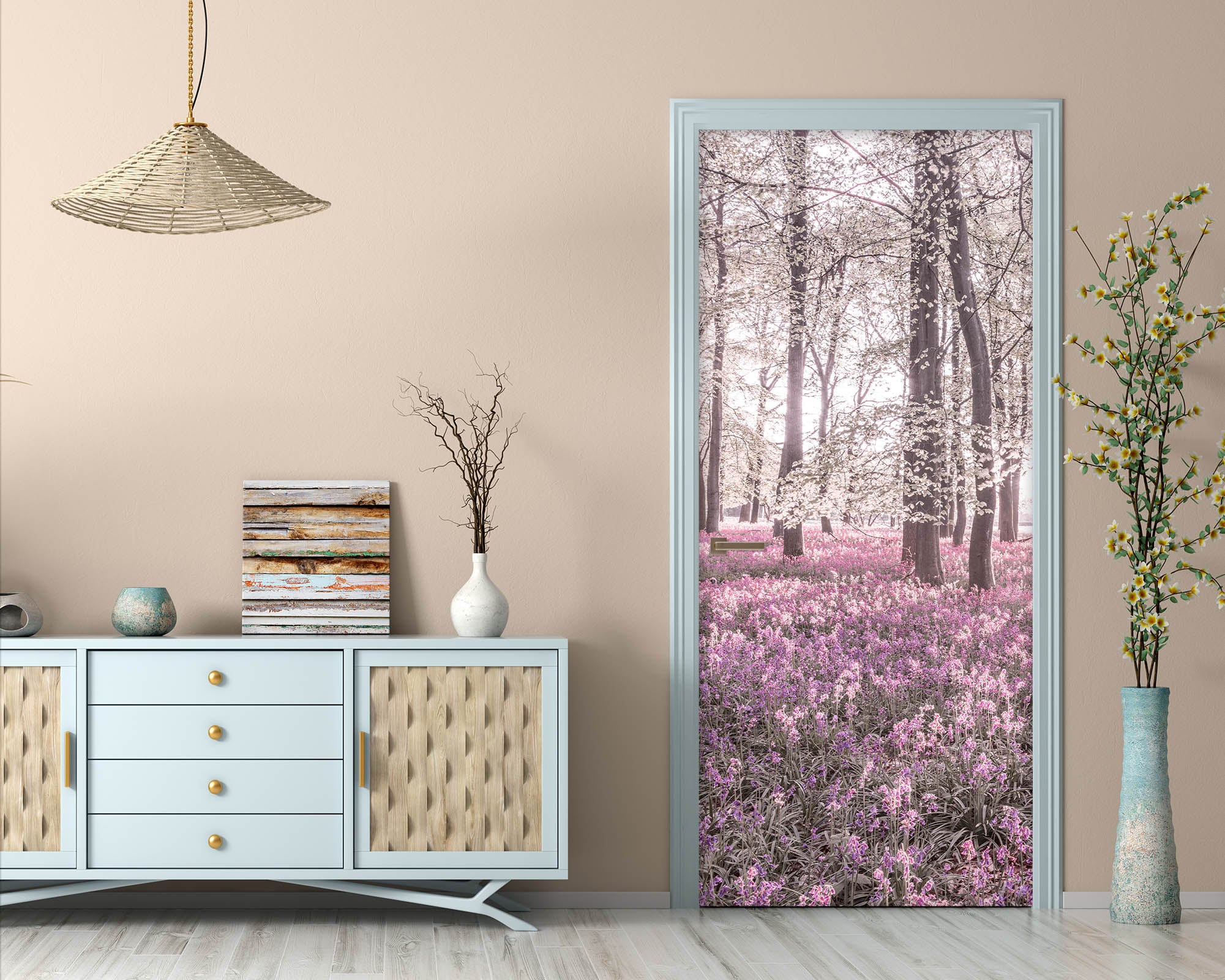 3D Meadow Woods Pink Flowers 106160 Assaf Frank Door Mural