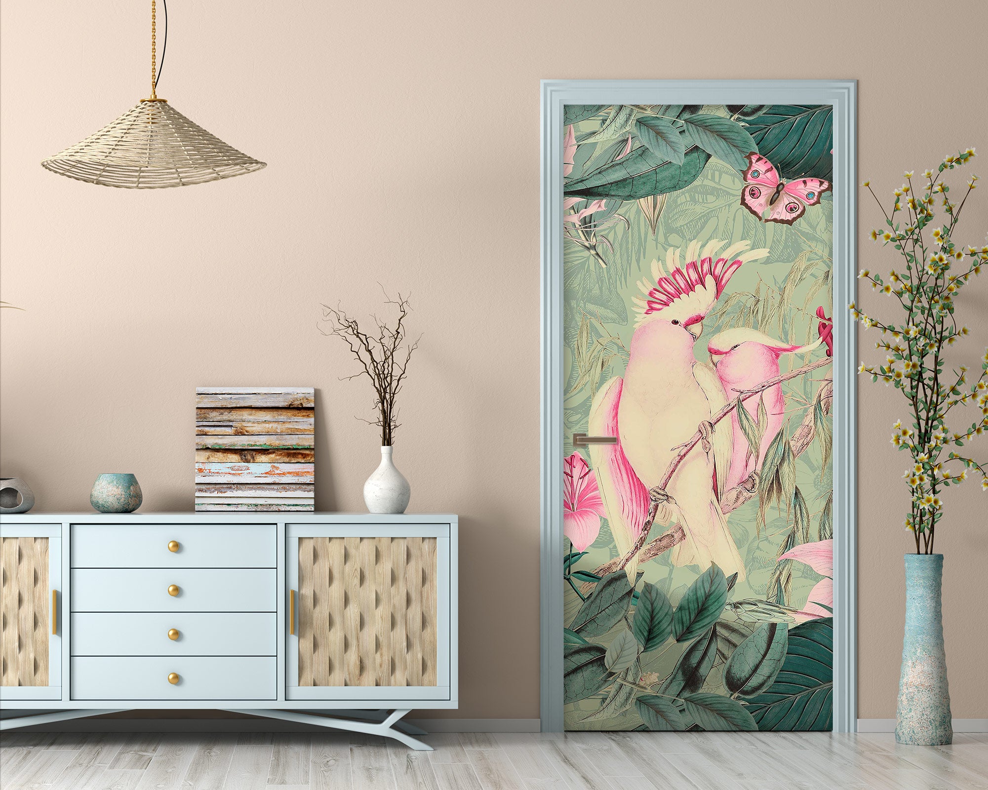 3D Pink Parrot Butterfly Leaves 118105 Andrea Haase Door Mural