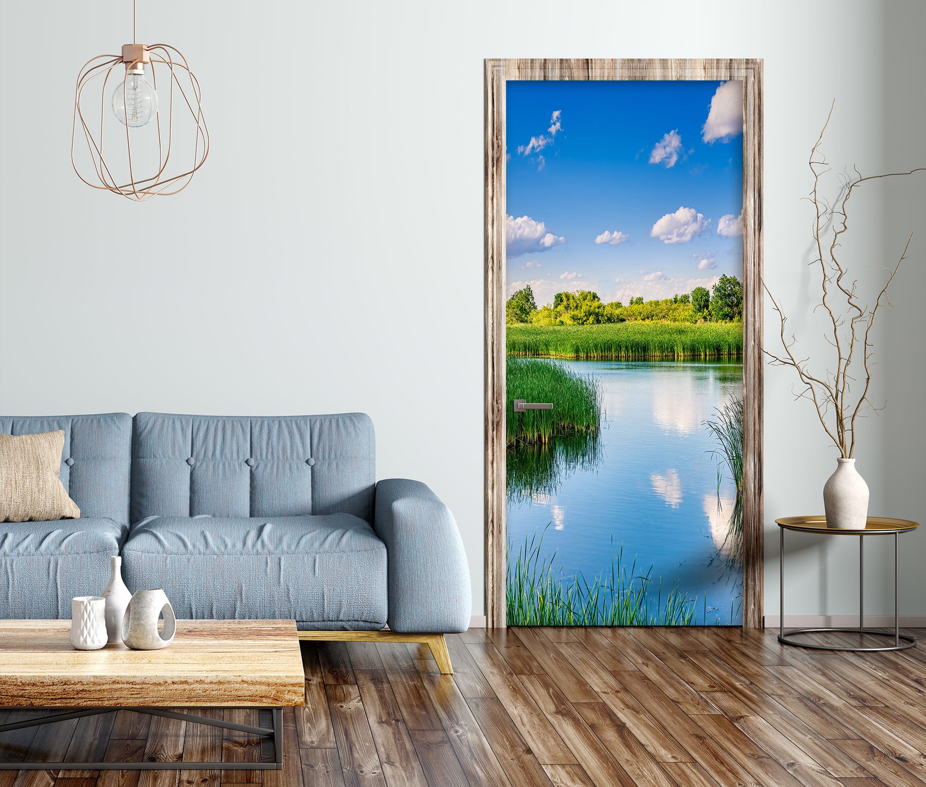 3D Grass Sky River 107219 Beth Sheridan Door Mural