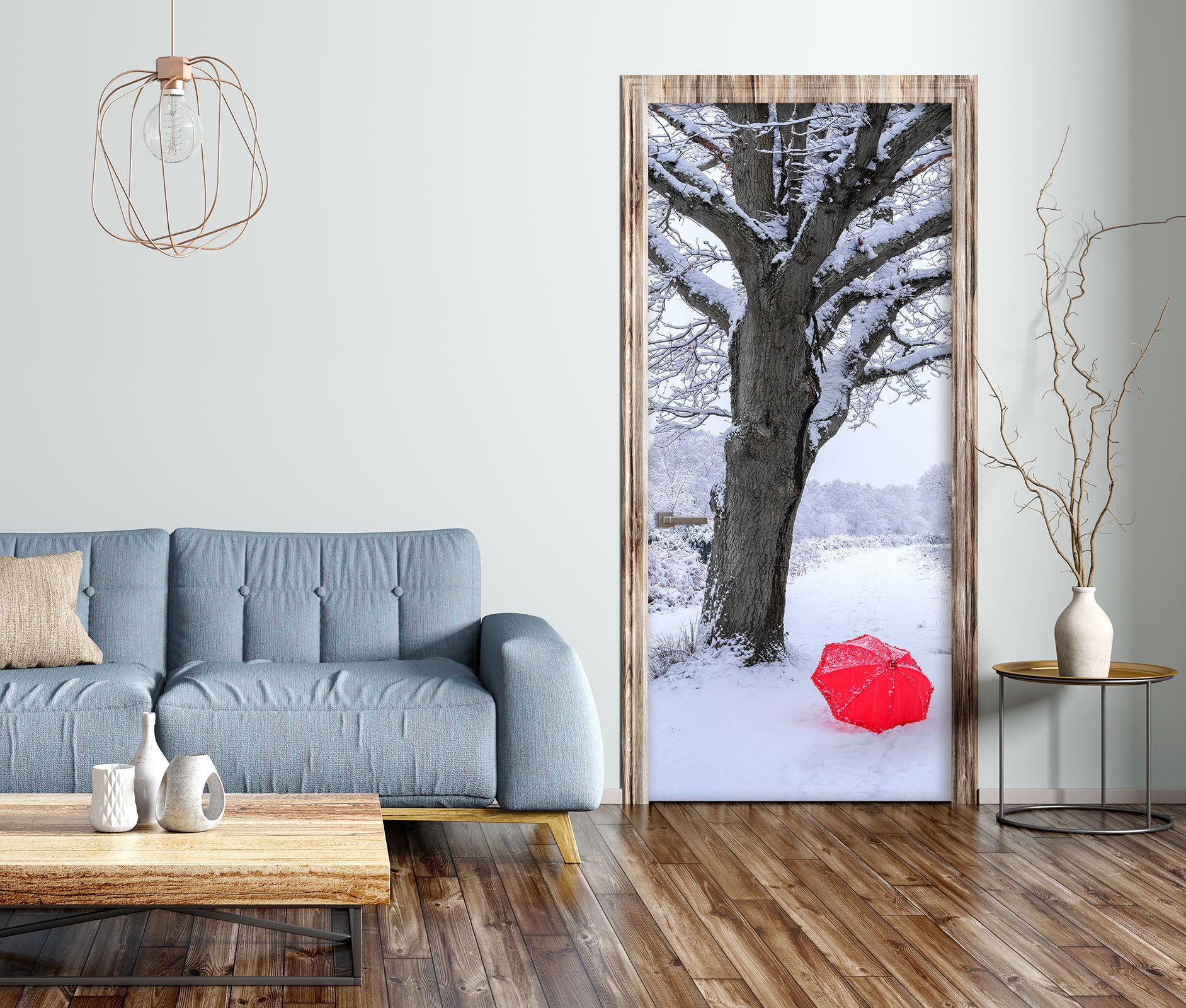 3D Snow Tree Red Umbrella 106205 Assaf Frank Door Mural