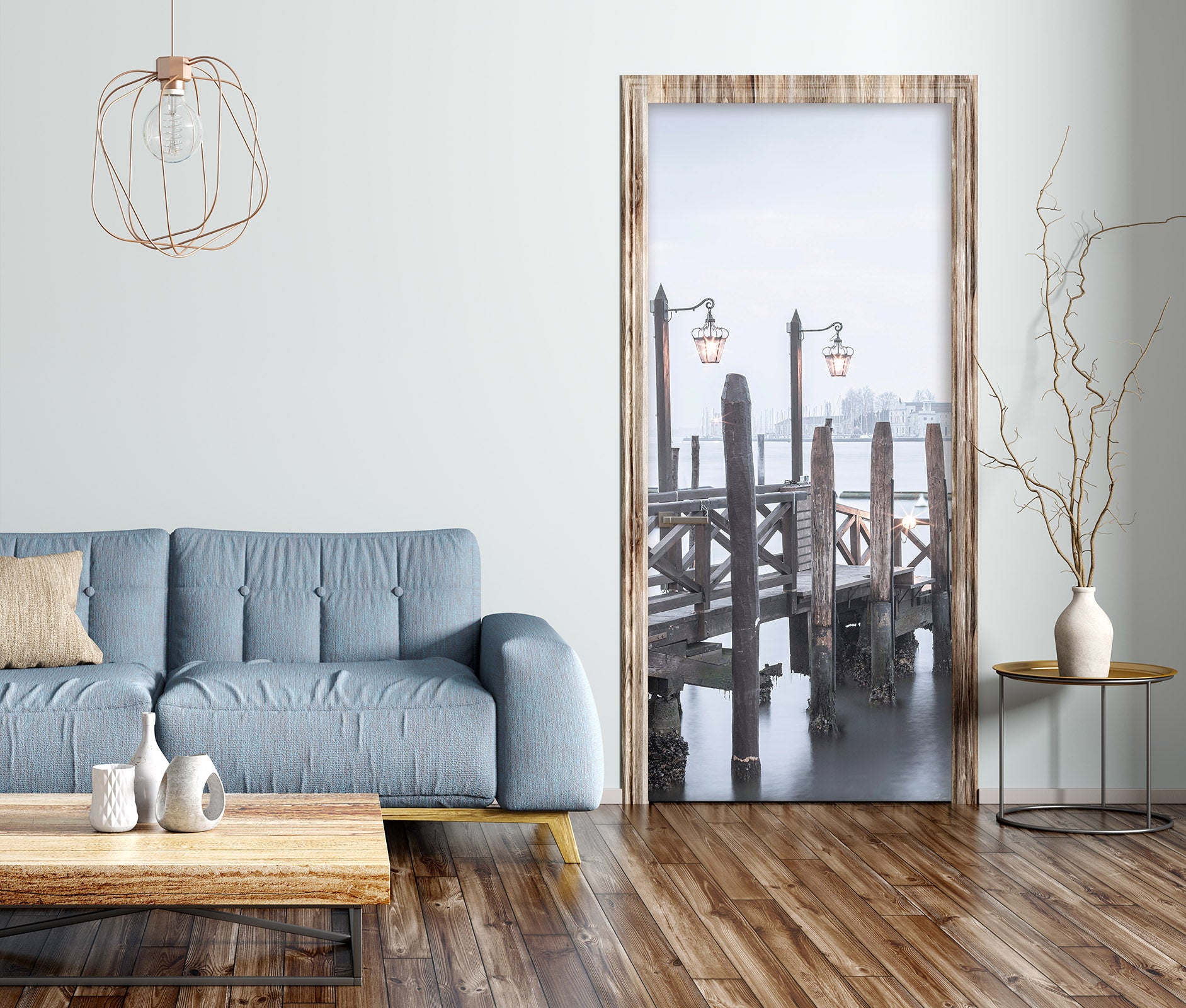 3D Wooden Bridge Lights River 10680 Assaf Frank Door Mural