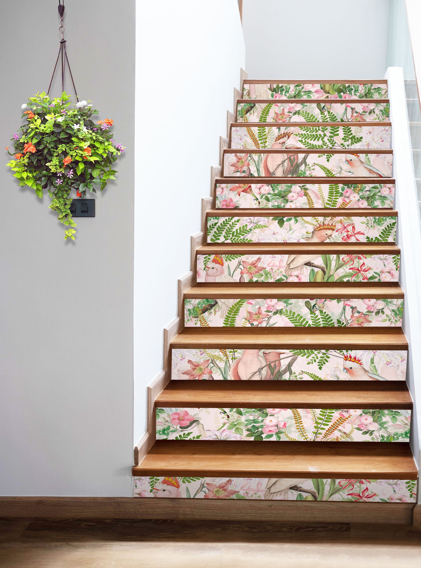 3D Light Pink Flowers Bird Leaves 103227 Uta Naumann Stair Risers