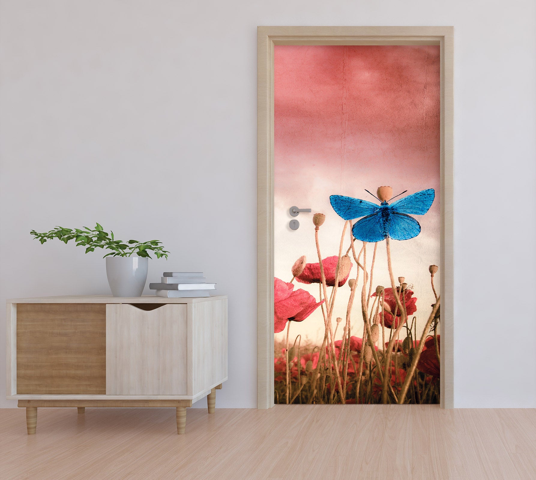 3D Blue Butterfly Red Flowers 12256 Marco Carmassi Door Mural