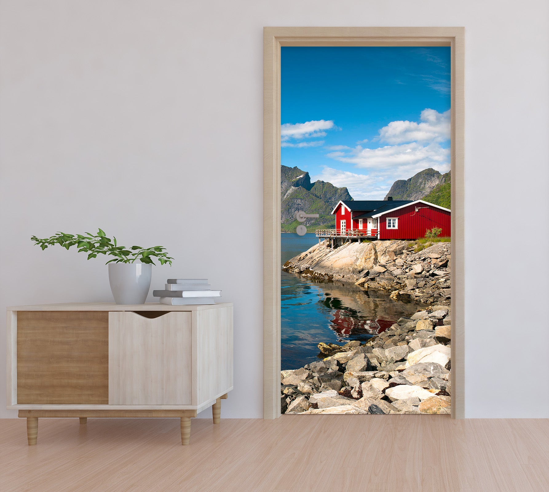 3D Lake Stone Red Hut 10661 Assaf Frank Door Mural